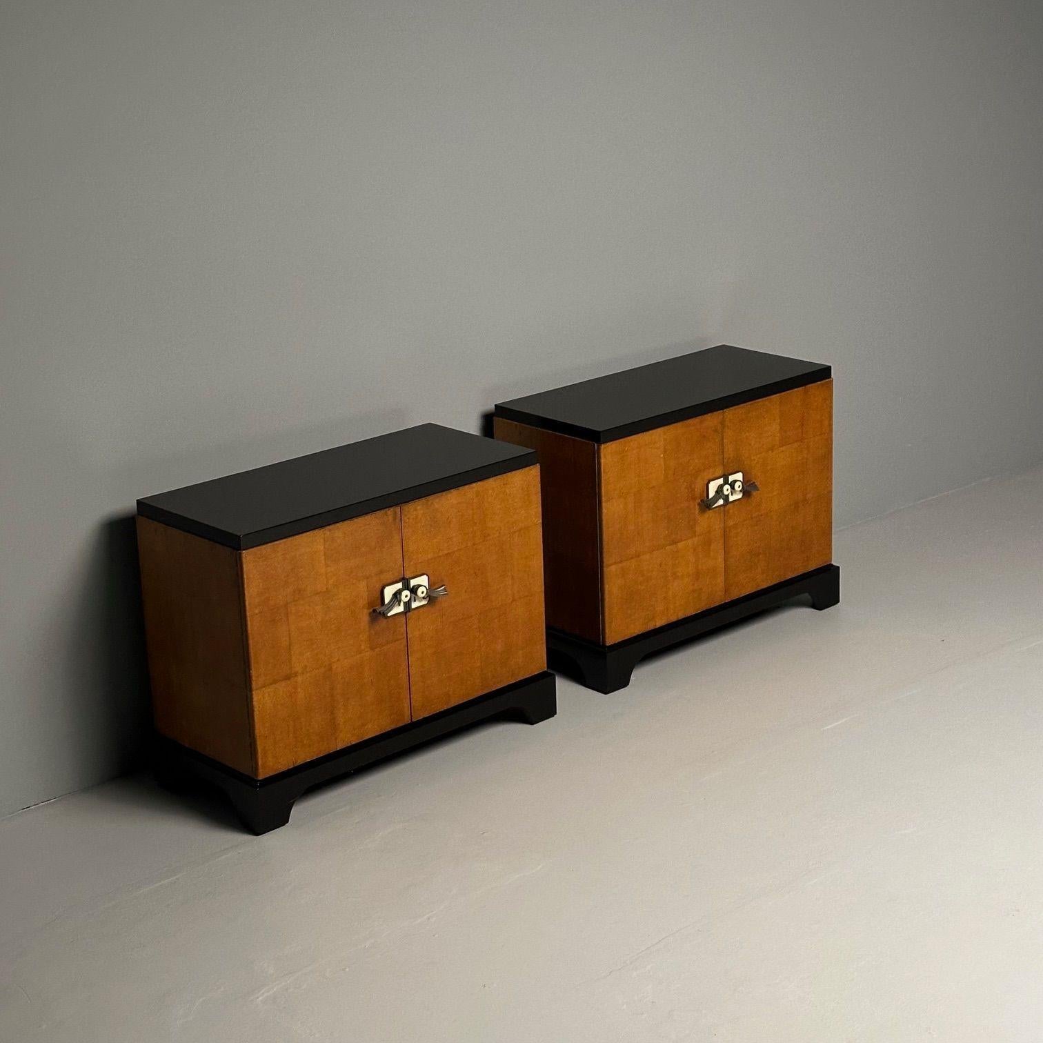 Wood Pair Art Deco Ebony and Parquetry Commodes, Nightstands, Chest, James Mont Style
