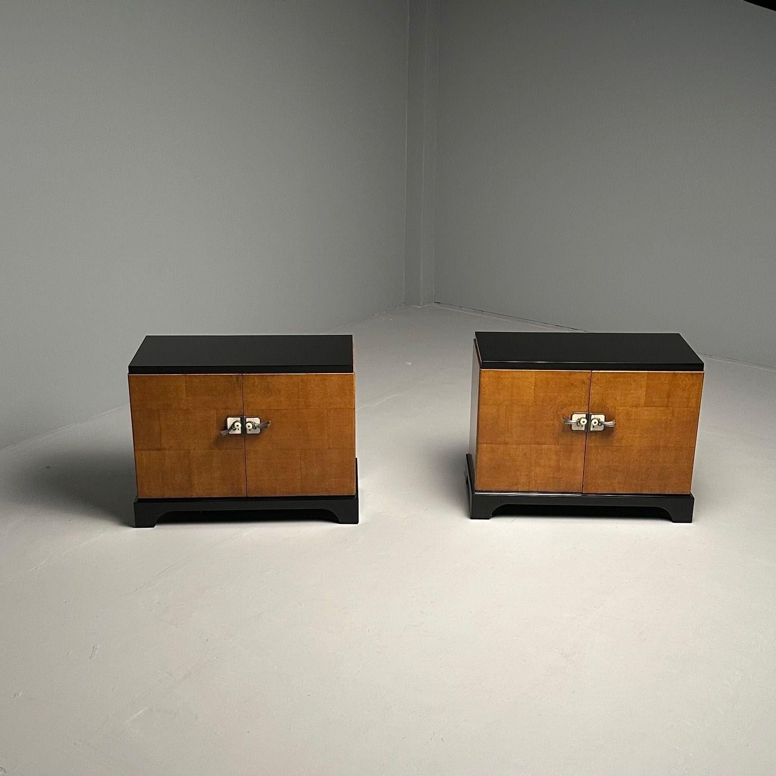 Pair Art Deco Ebony and Parquetry Commodes, Nightstands, Chest, James Mont Style 1