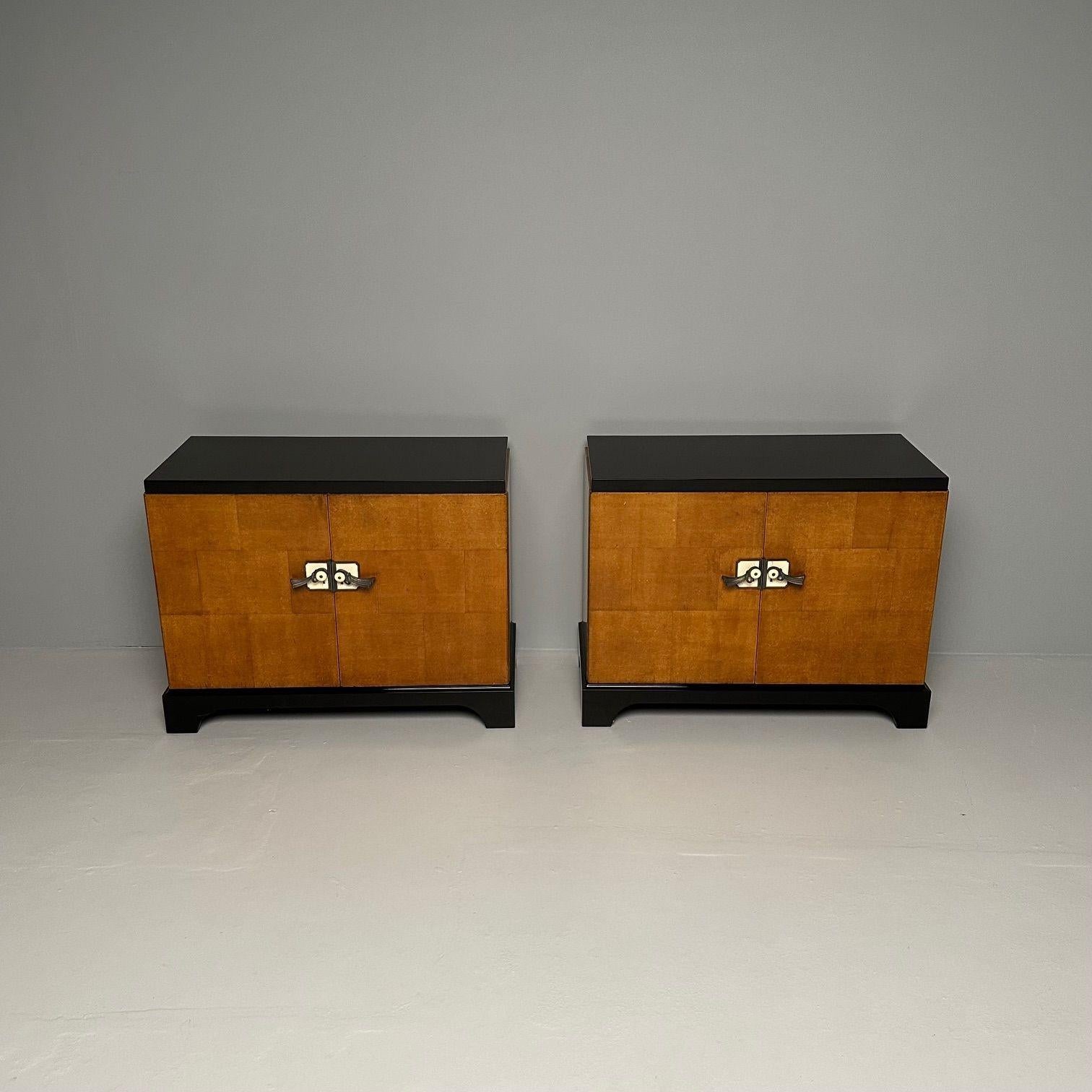 Pair Art Deco Ebony and Parquetry Commodes, Nightstands, Chest, James Mont Style 2