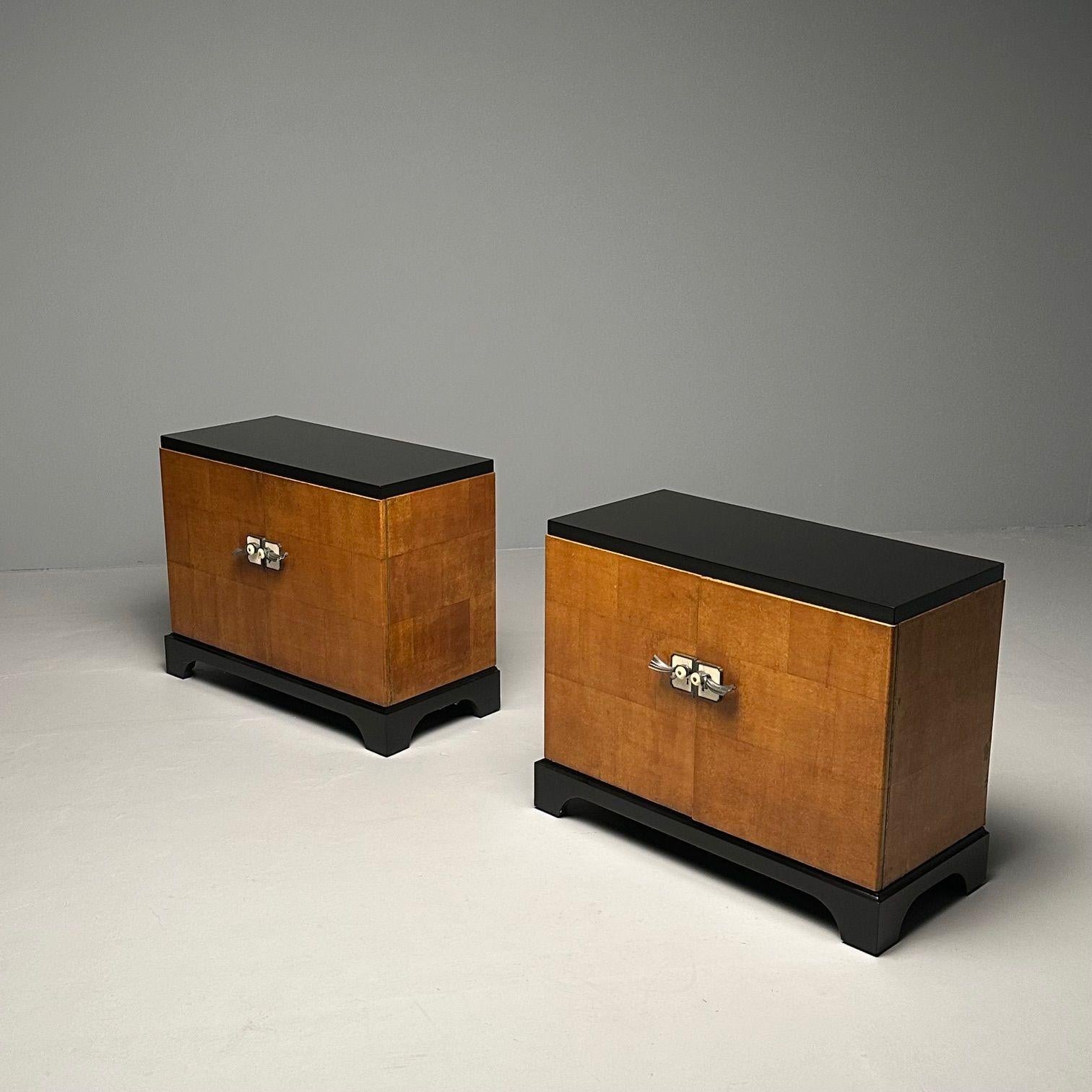 Pair Art Deco Ebony and Parquetry Commodes, Nightstands, Chest, James Mont Style 3