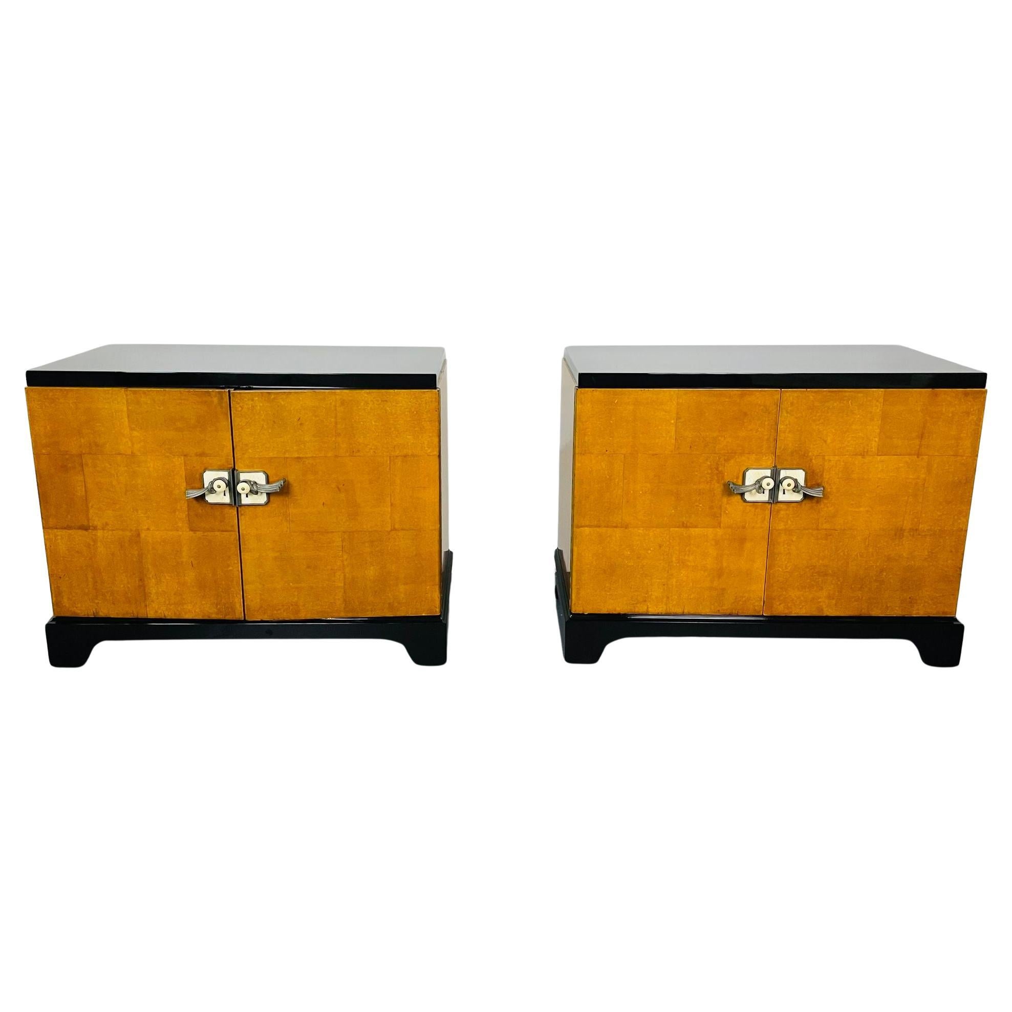 Pair Art Deco Ebony and Parquetry Commodes, Nightstands, Chest, James Mont Style