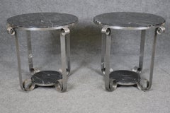 Pair Art Deco Edgar Brandt Style Wrought Iron Tulip Black Marble Tp End Tables