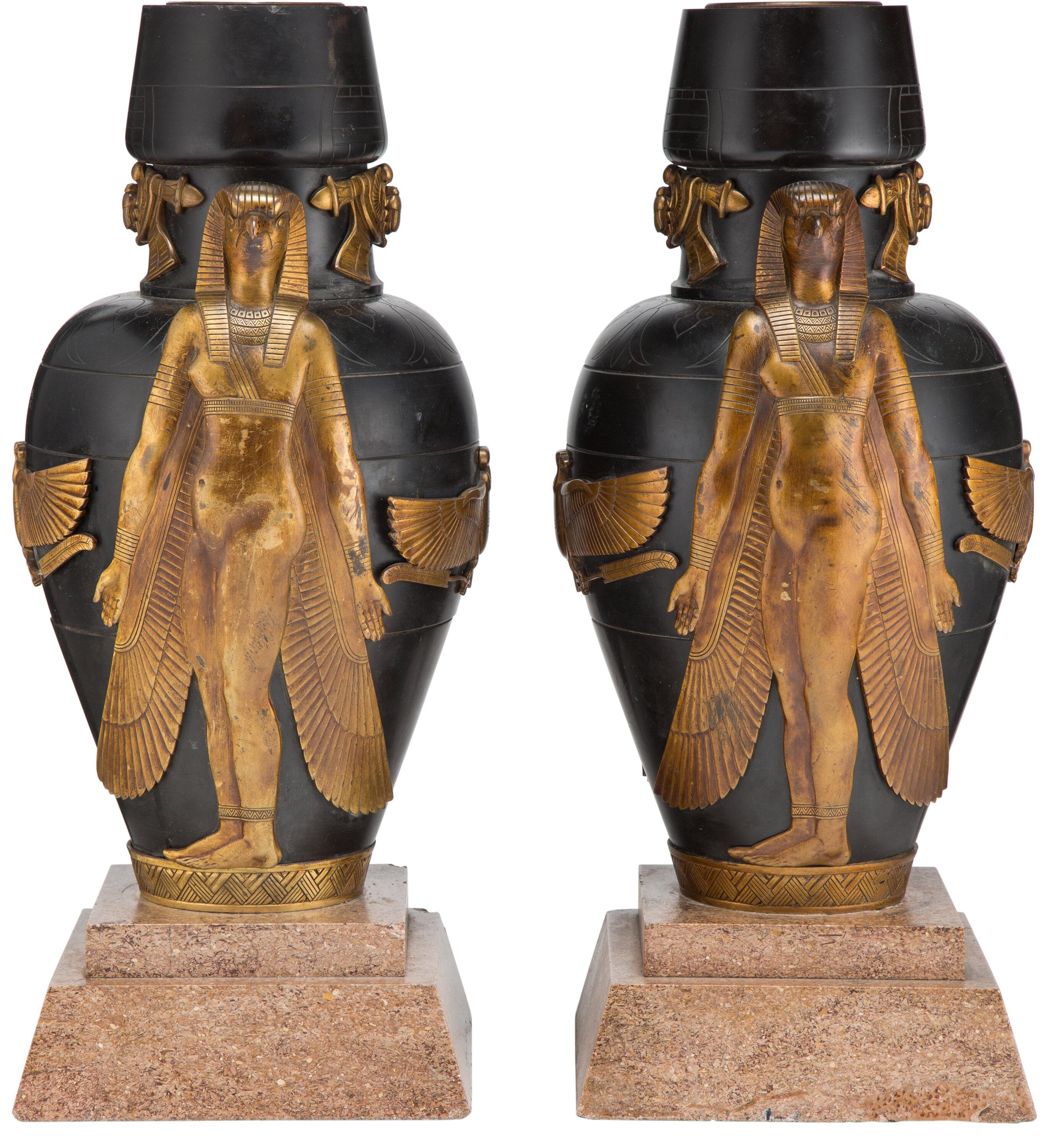 French Pair Art Deco Egyptian Revival Bronze Slate and Granite Urns For Sale