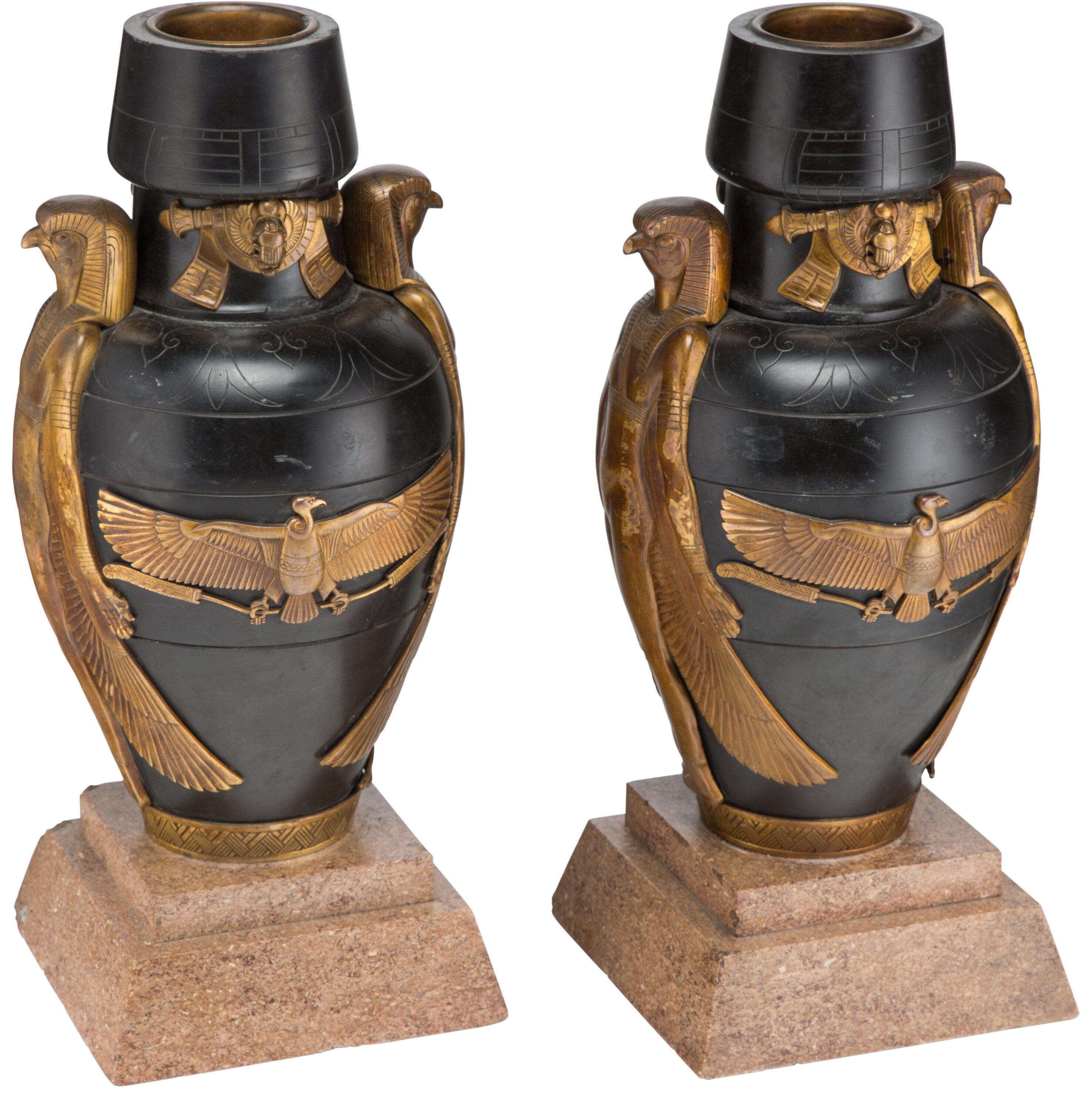 Early 20th Century Pair Art Deco Egyptian Revival Bronze Slate and Granite Urns For Sale