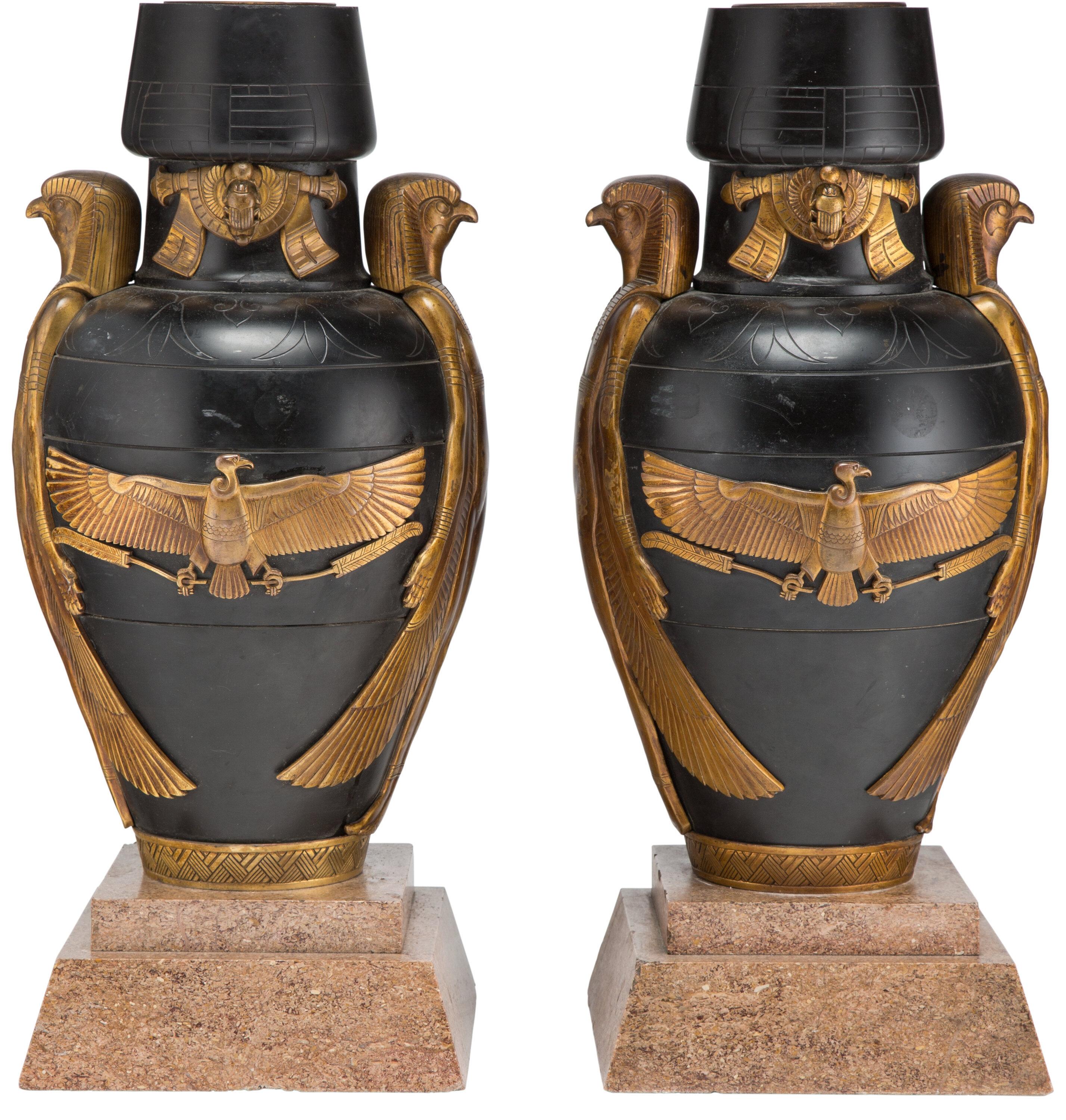 Pair Art Deco Egyptian Revival Bronze Slate and Granite Urns For Sale 1