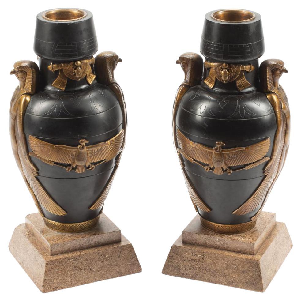 Pair Art Deco Egyptian Revival Bronze Slate and Granite Urns For Sale