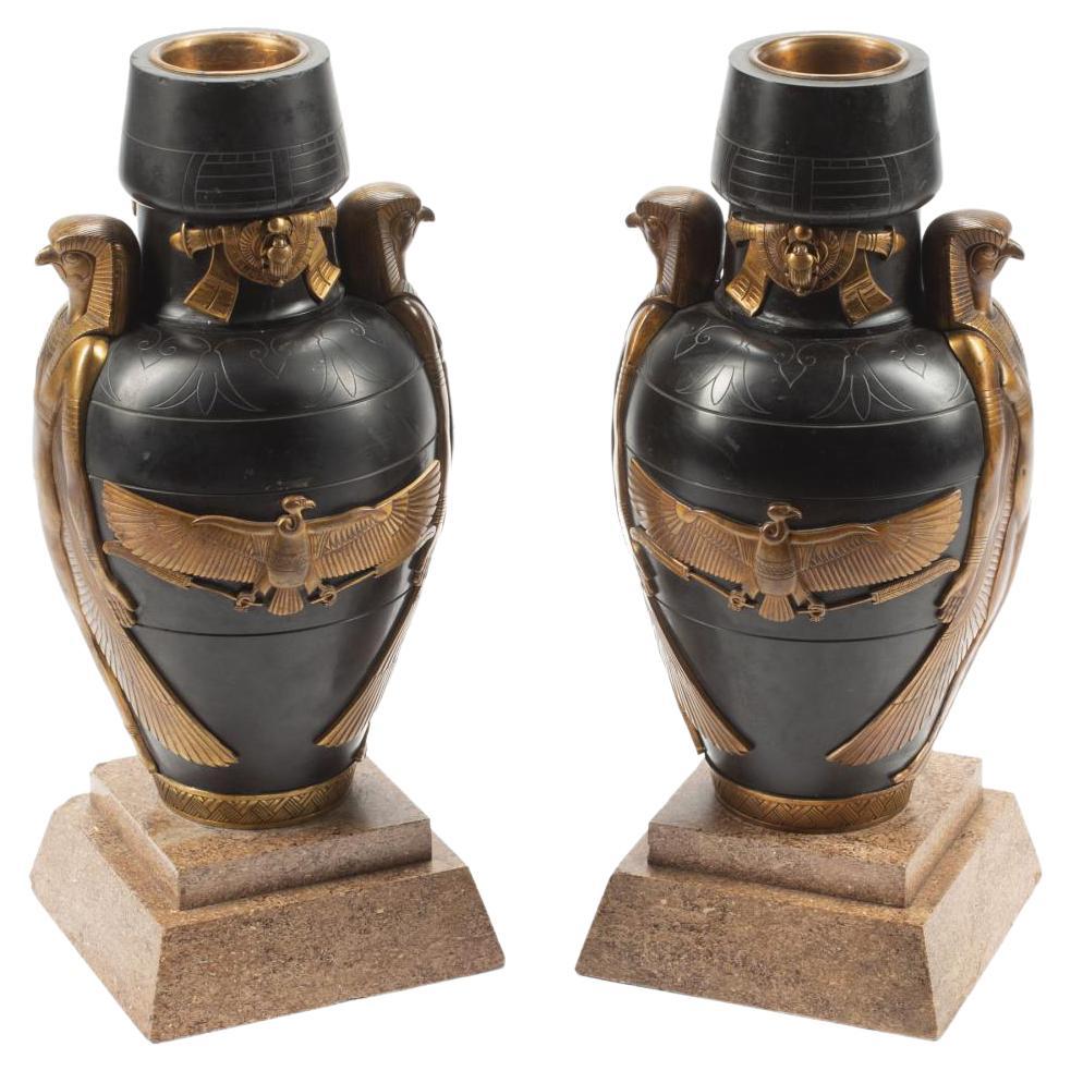 Pair Art Deco Egyptian Revival Bronze Slate and Granite Urns