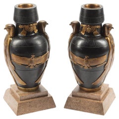 Pair Art Deco Egyptian Revival Bronze Slate and Granite Urns