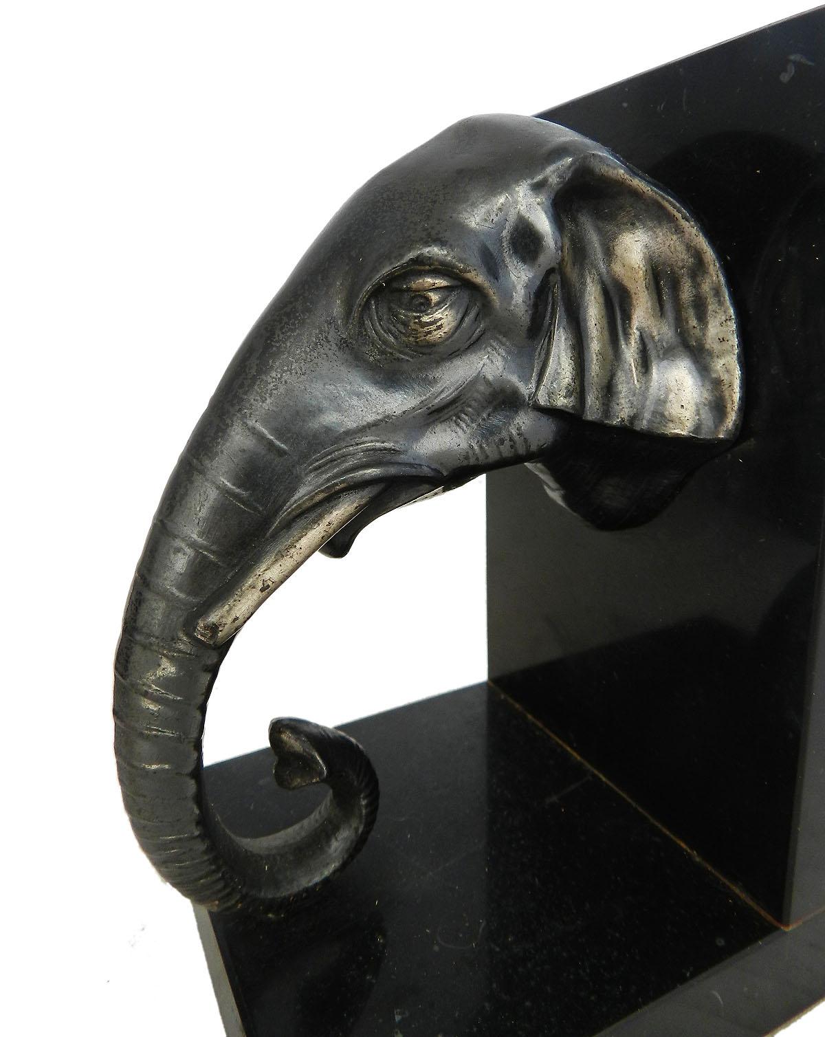 Spelter Pair of Art Deco Elephant Head Bookends, French, circa 1930