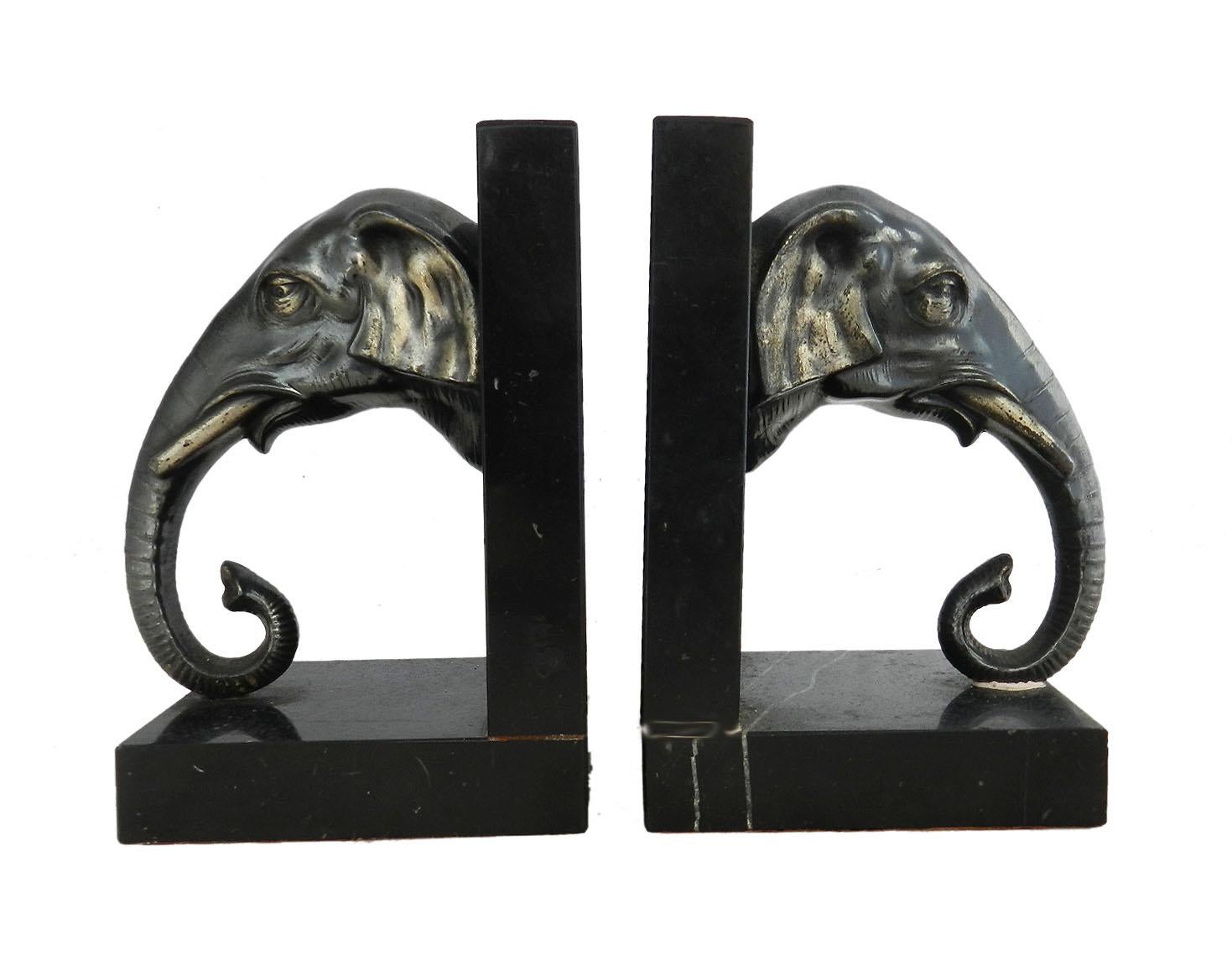 Pair of Art Deco Elephant Head Bookends, French, circa 1930 1