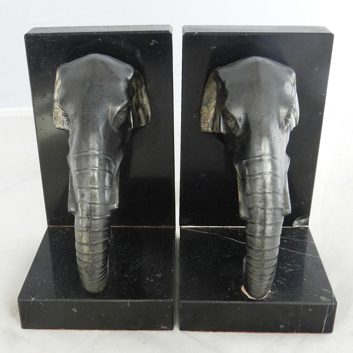 Pair of Art Deco Elephant Head Bookends, French, circa 1930 2