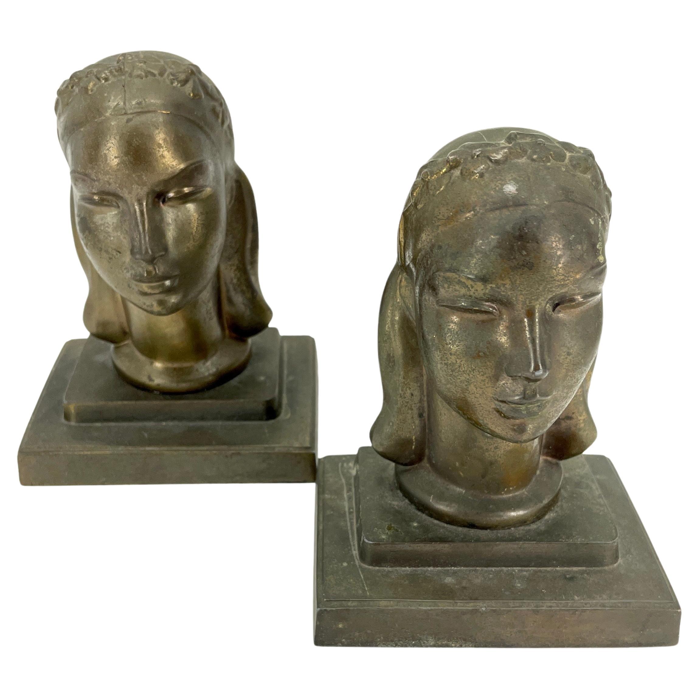 Pair Art Deco Female Bust Bookends Sculptures by Frankart, circa 1930s 3