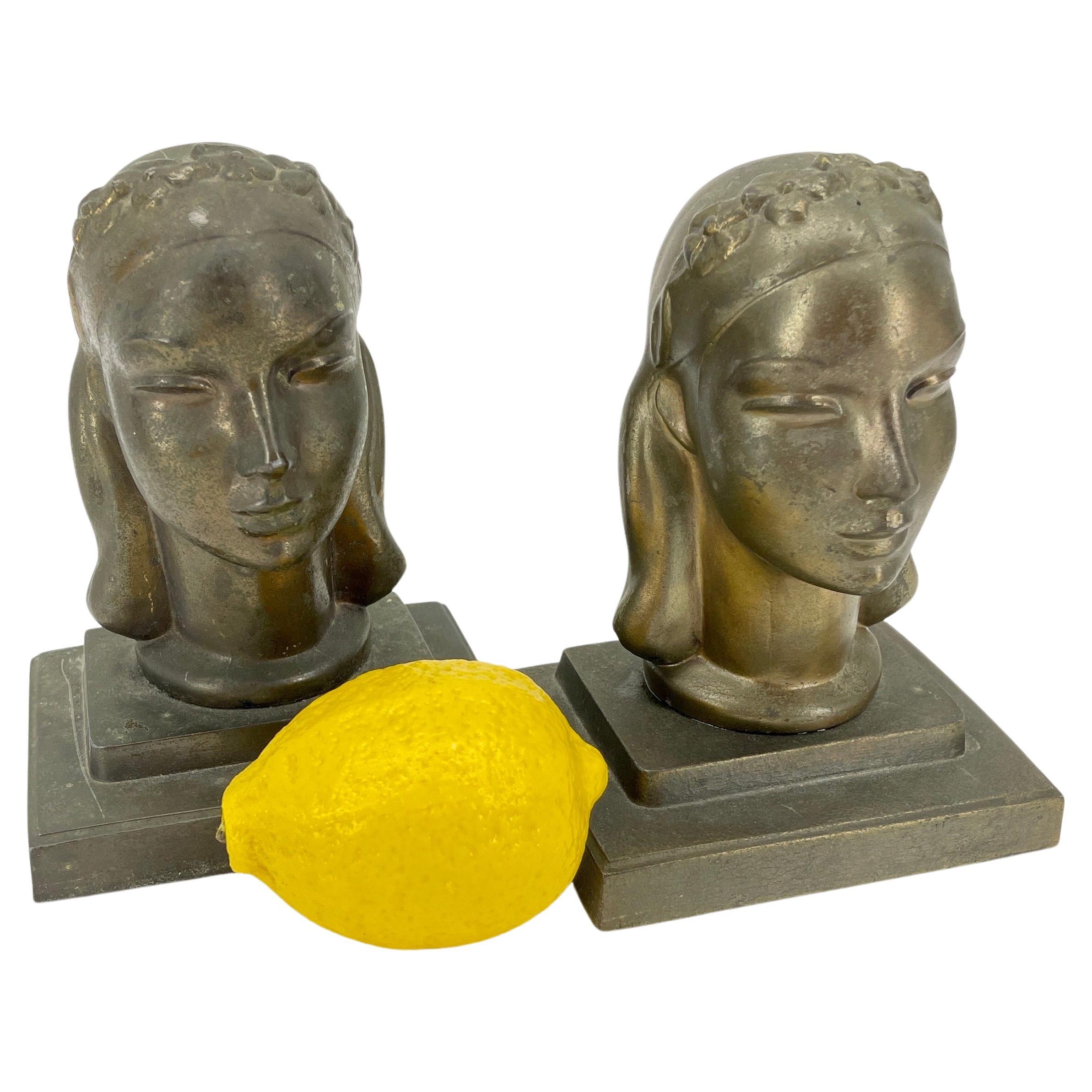 Cast Pair Art Deco Female Bust Bookends Sculptures by Frankart, circa 1930s