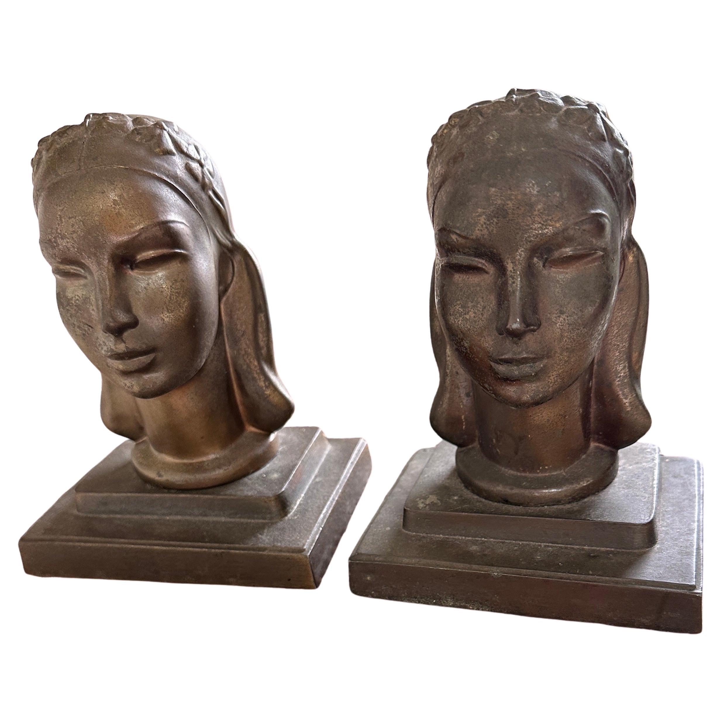 Pair Art Deco Female Bust Bookends Sculptures by Frankart, circa 1930s In Good Condition In Haddonfield, NJ