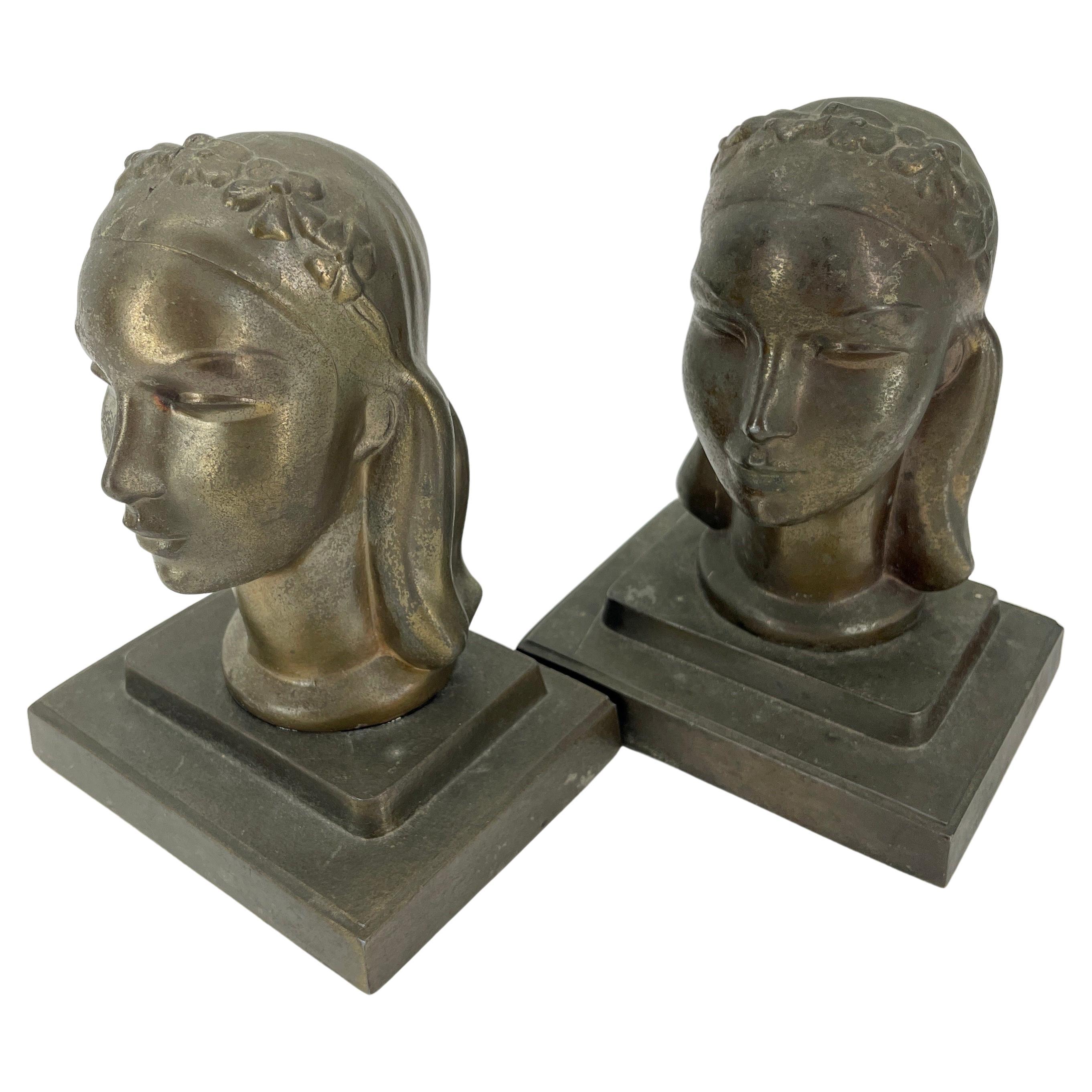 Mid-20th Century Pair Art Deco Female Bust Bookends Sculptures by Frankart, circa 1930s