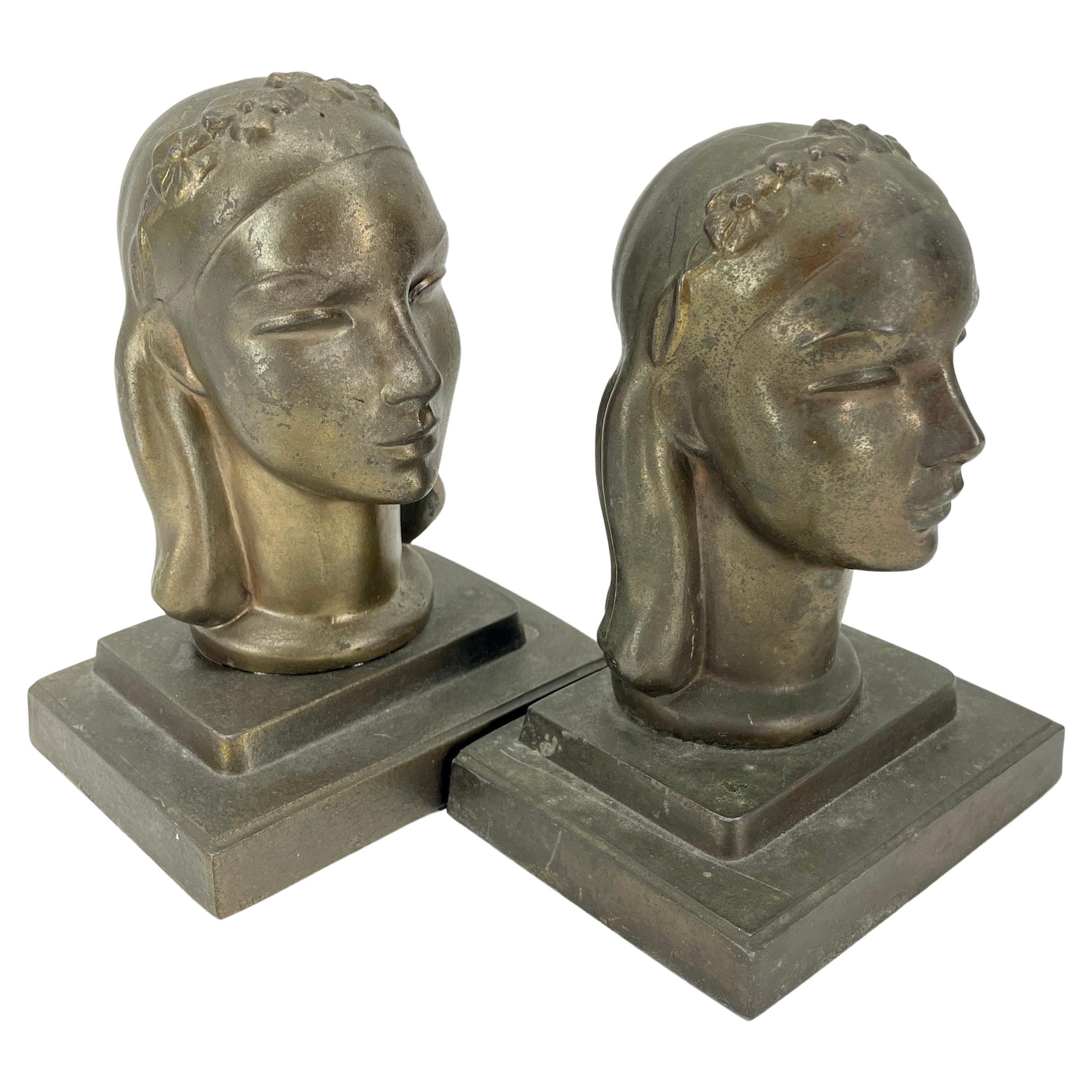 Metal Pair Art Deco Female Bust Bookends Sculptures by Frankart, circa 1930s