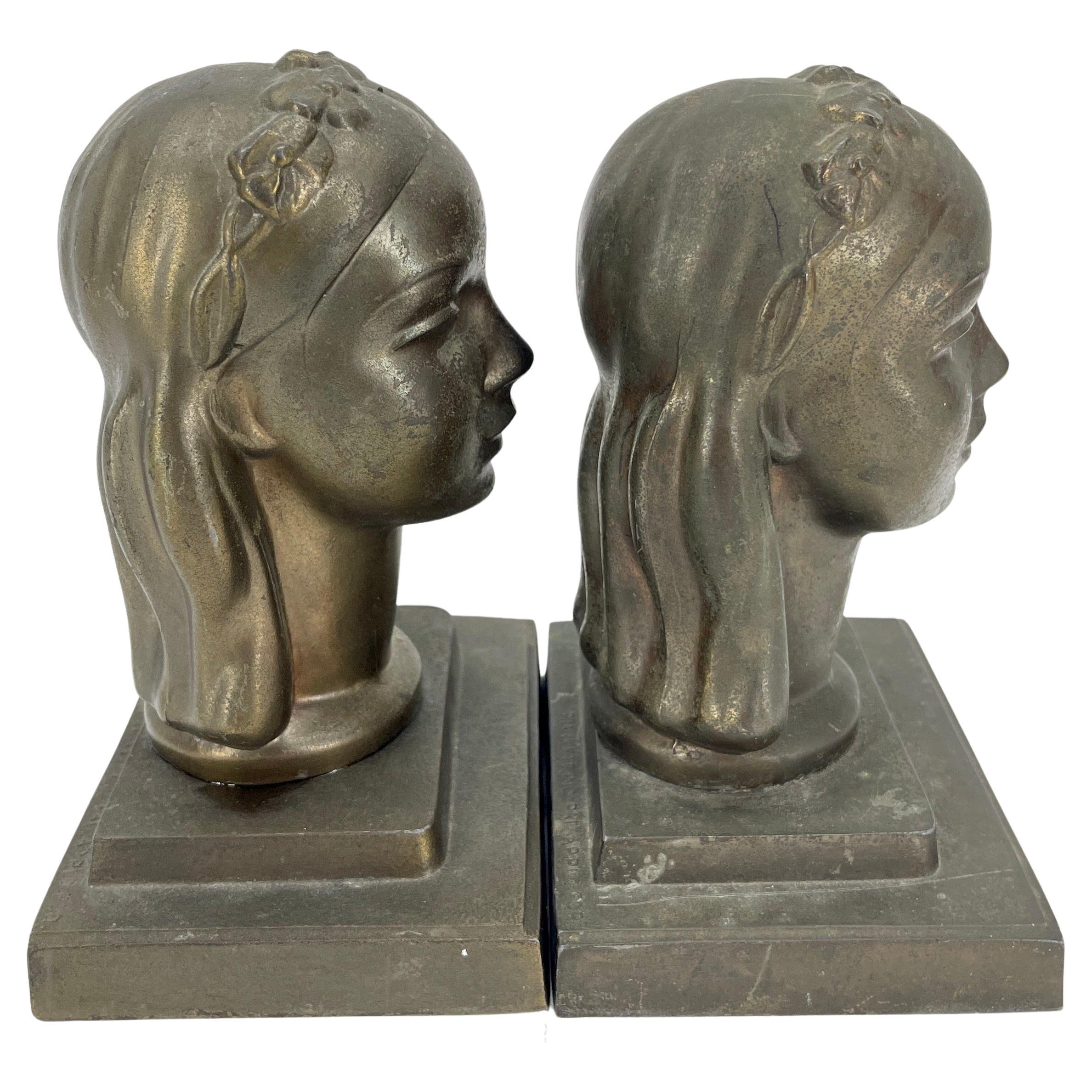 Pair Art Deco Female Bust Bookends Sculptures by Frankart, circa 1930s 1