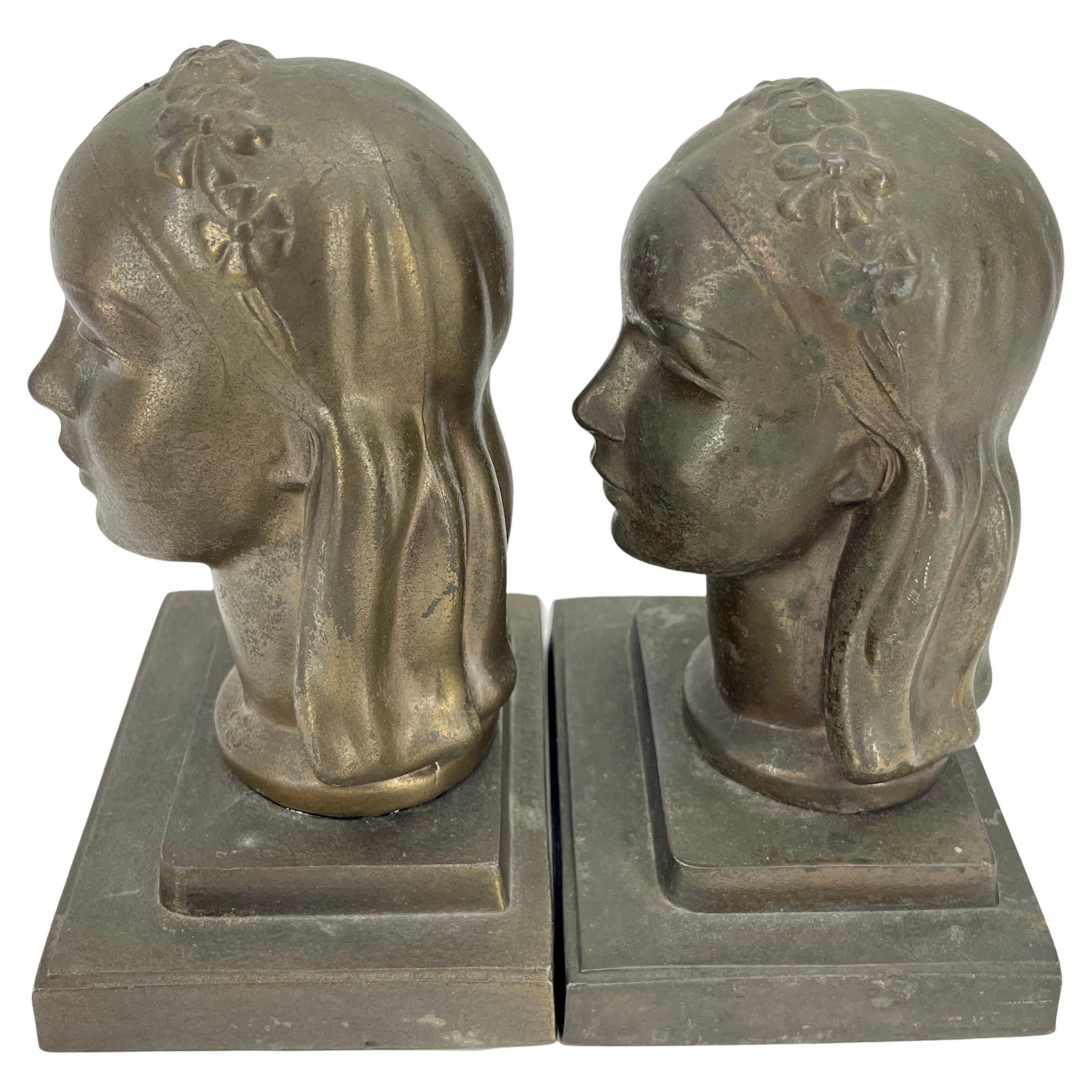 Pair Art Deco Female Bust Bookends Sculptures by Frankart, circa 1930s 2