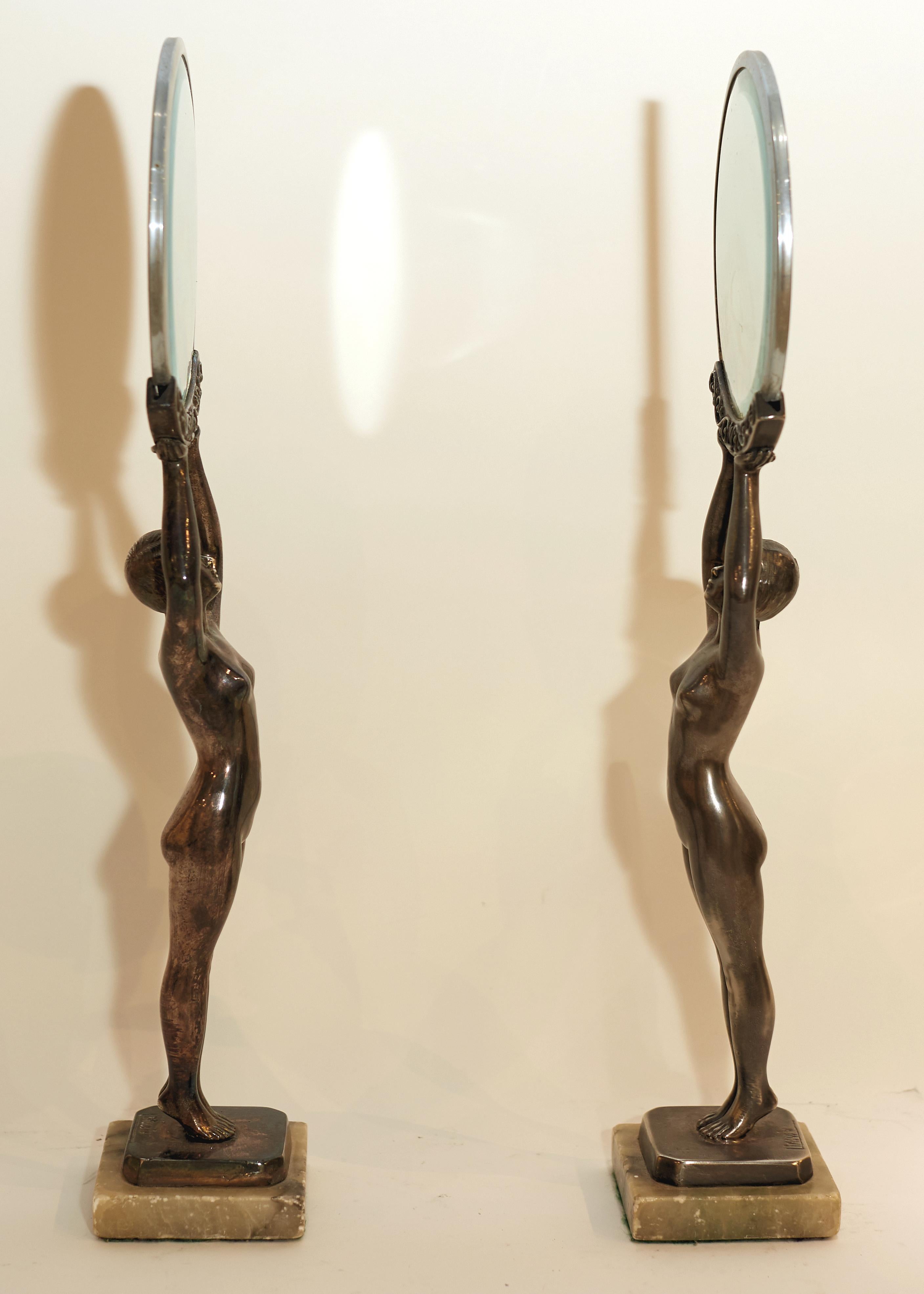French Pair of Art Deco Figural Silvered Metal Boudoir Table Mirrors by Limousin