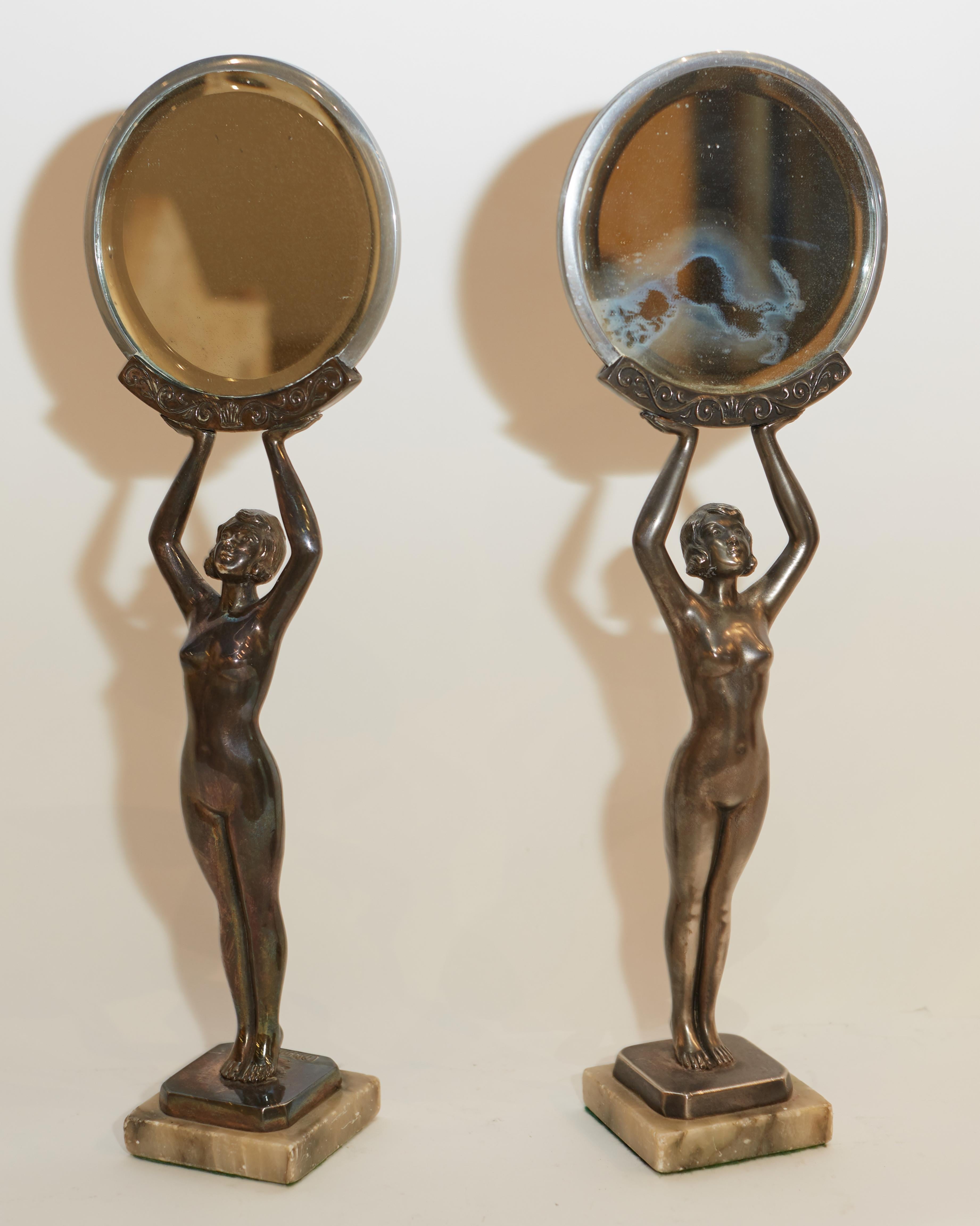 Pair of Art Deco Figural Silvered Metal Boudoir Table Mirrors by Limousin In Good Condition In New York, NY