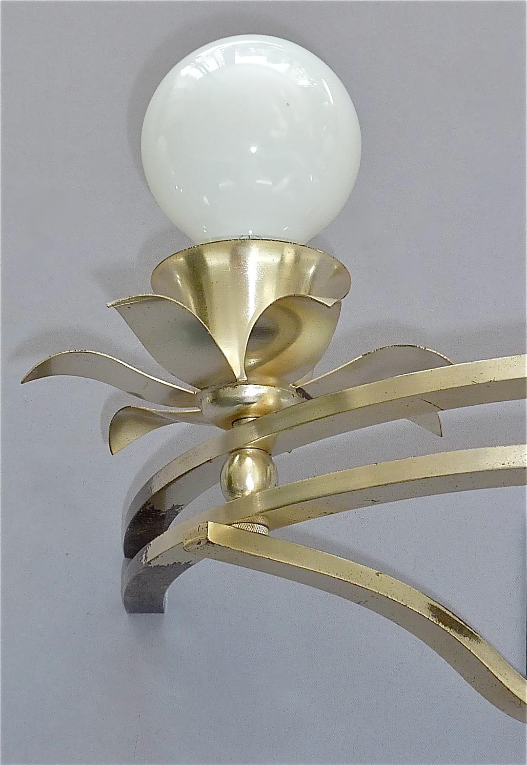 Pair of Art Deco Flower Leaf Wall Lamps Silver Brass White Globe Glass, France For Sale 4