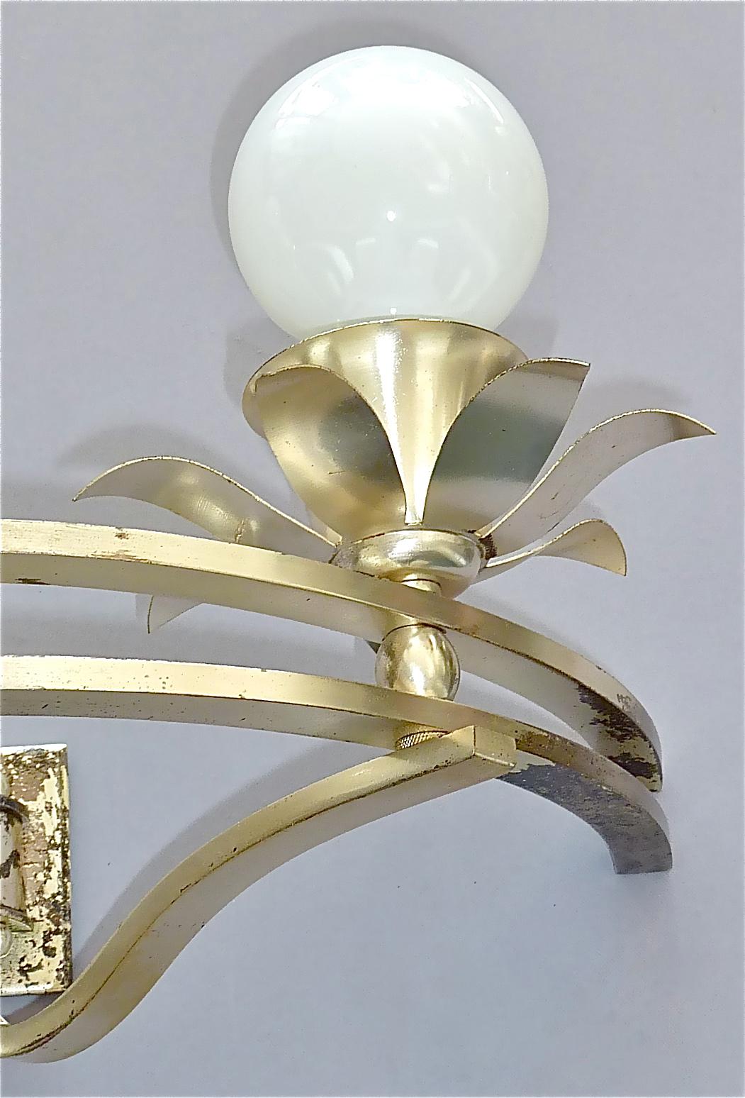 Pair of Art Deco Flower Leaf Wall Lamps Silver Brass White Globe Glass, France For Sale 6