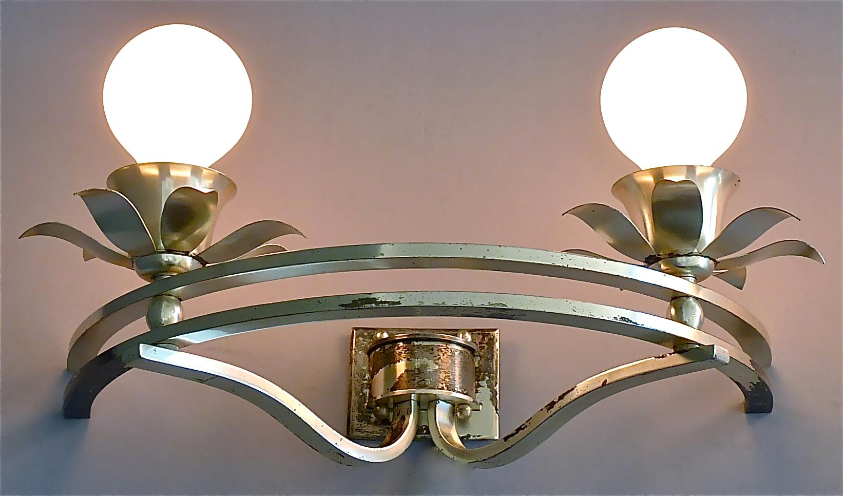 Pair of Art Deco Flower Leaf Wall Lamps Silver Brass White Globe Glass, France For Sale 8