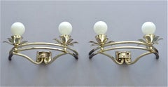 Pair of Art Deco Flower Leaf Wall Lamps Silver Brass White Globe Glass, France