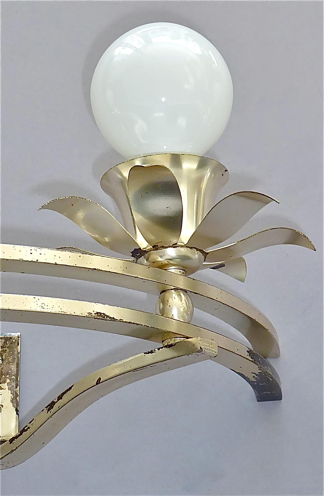 Pair of Art Deco Flower Leaf Wall Lamps Silver Brass White Globe Glass, France For Sale 2