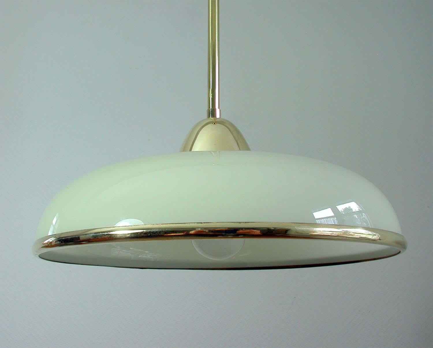 Pair of Art Deco German Bauhaus Art Deco Cream Opaline Glass and Brass Pendants 4