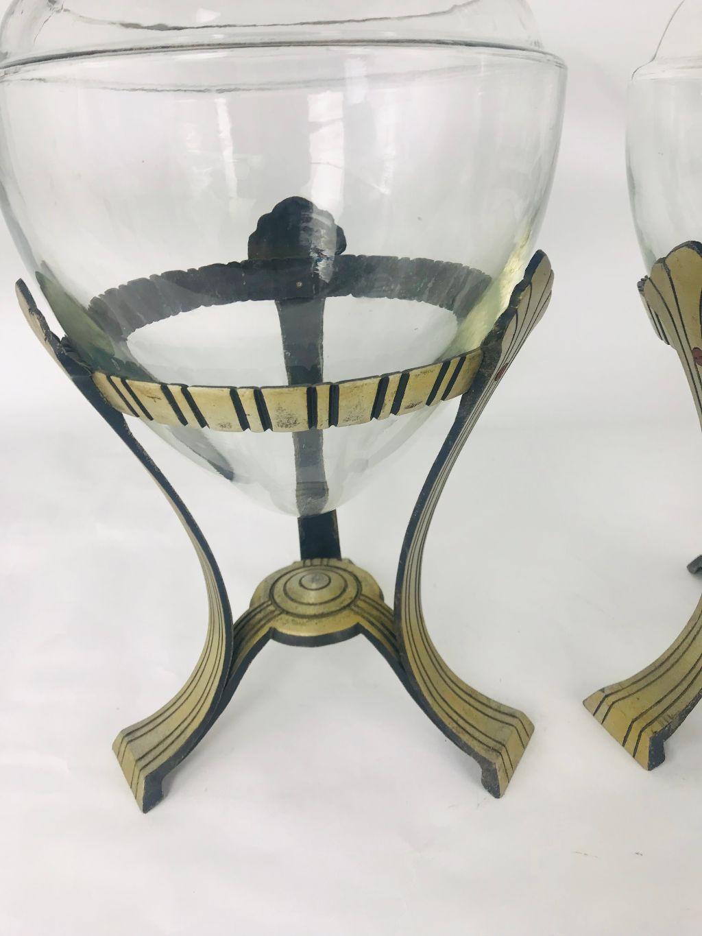 American Pair of Art Deco Glass Stoppered Vessels with Stands For Sale
