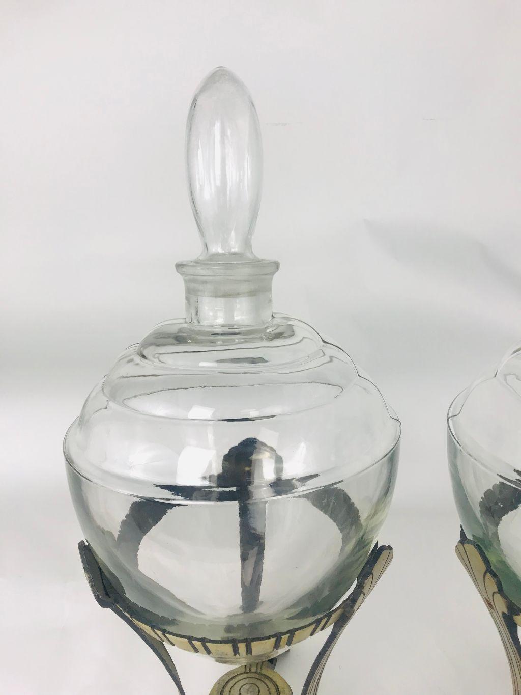 Aluminum Pair of Art Deco Glass Stoppered Vessels with Stands For Sale