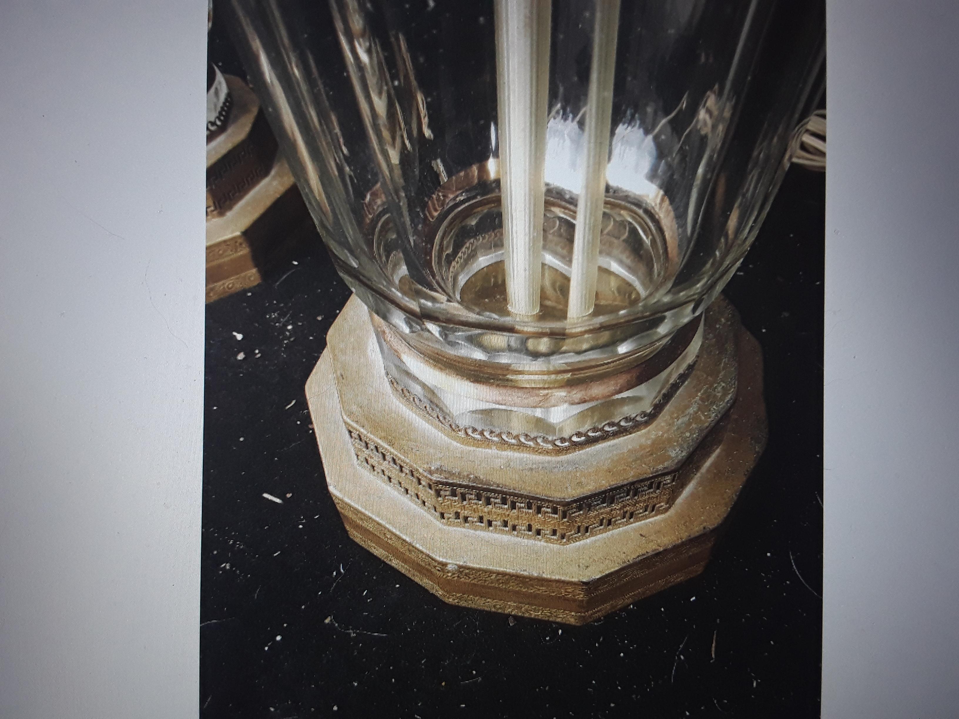 Pair Art Deco Josef Hoffmann Bevelled Glass w/ Gilt Roman Gladiator Table Lamps For Sale 4