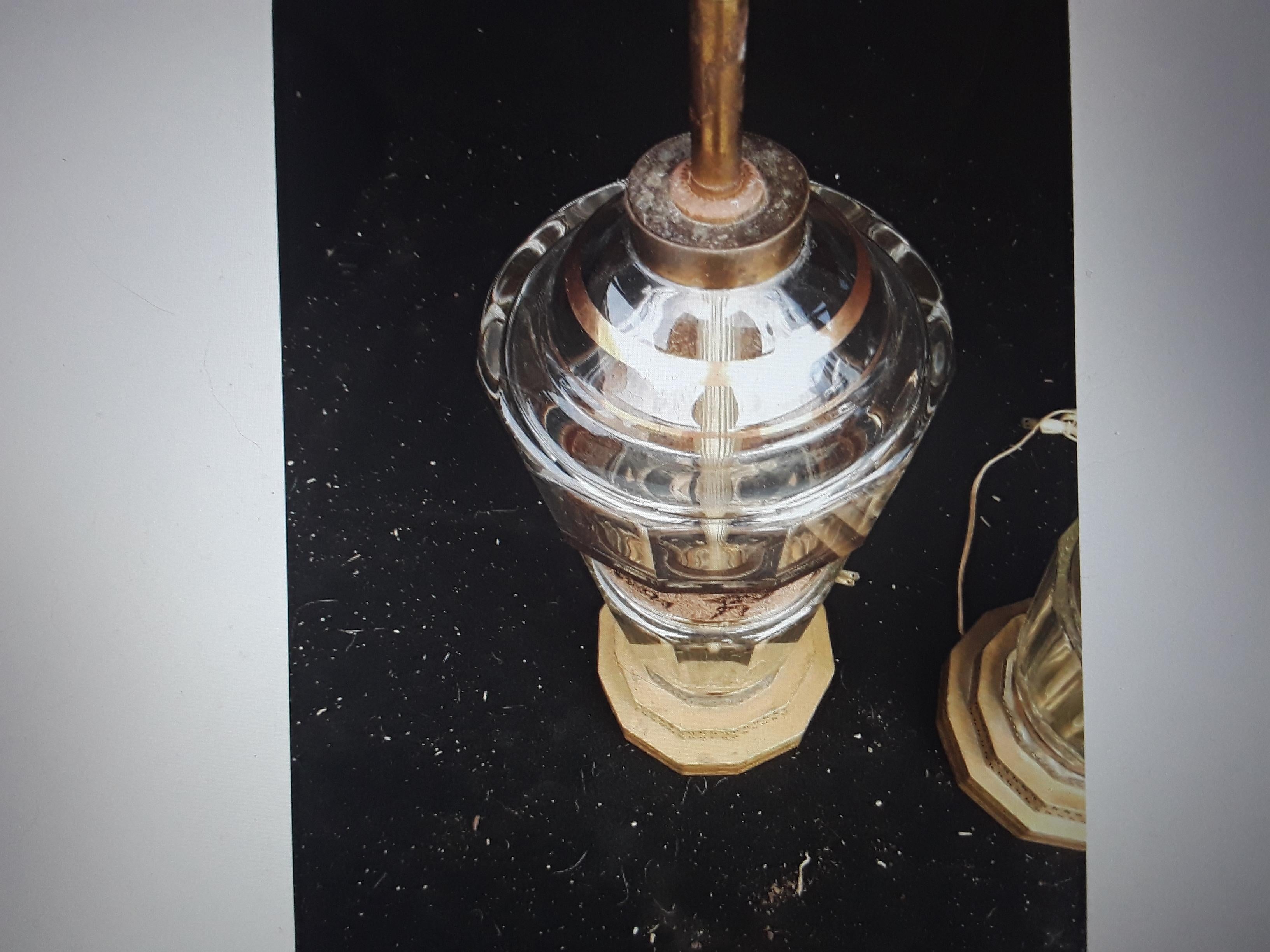 Pair Art Deco Josef Hoffmann Bevelled Glass w/ Gilt Roman Gladiator Table Lamps For Sale 5