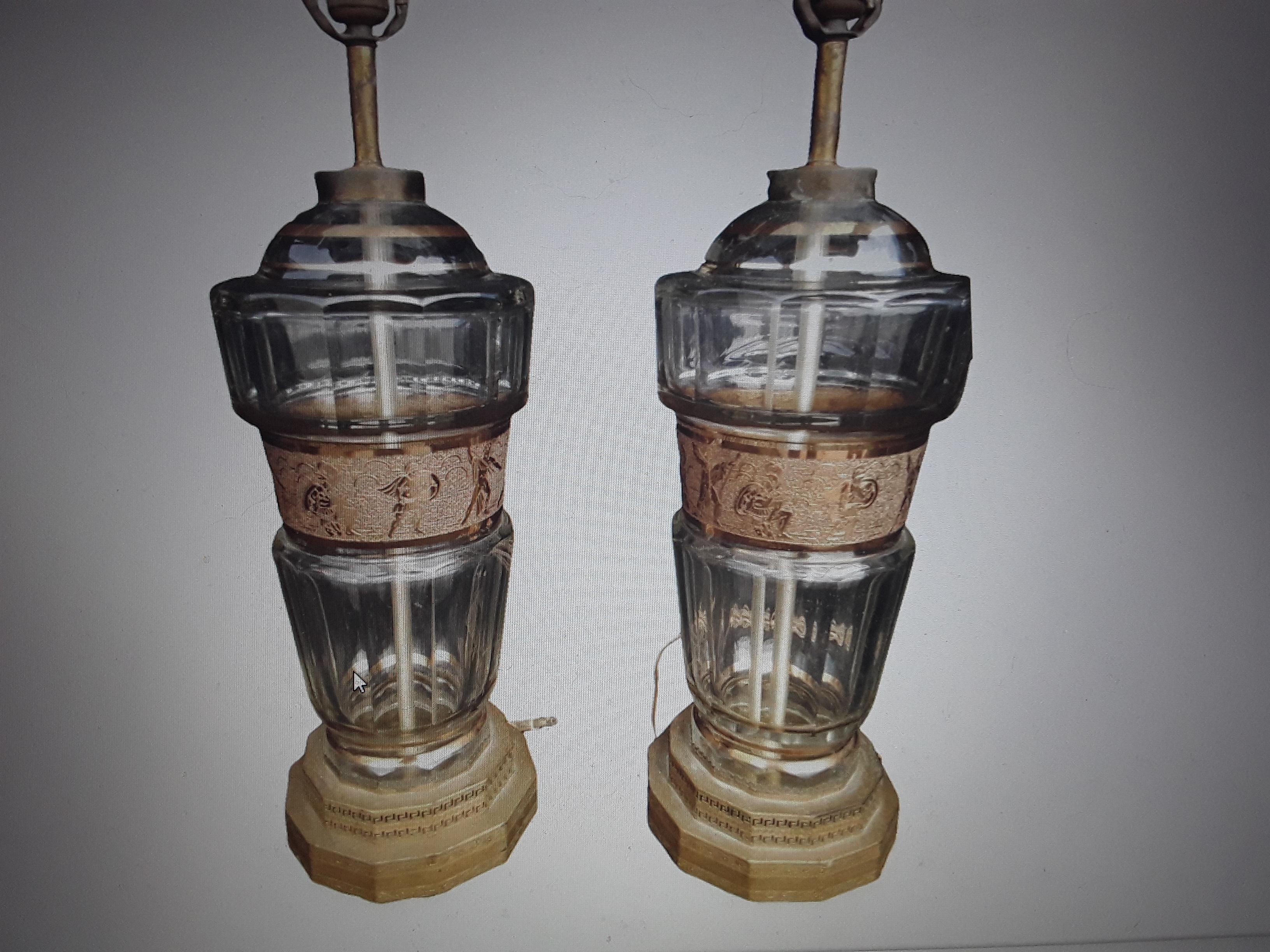 Pair Art Deco Josef Hoffmann Bevelled Glass w/ Gilt Roman Gladiator Table Lamps For Sale 8