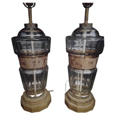 Pair Art Deco Josef Hoffmann Bevelled Glass w/ Gilt Roman Gladiator Table Lamps