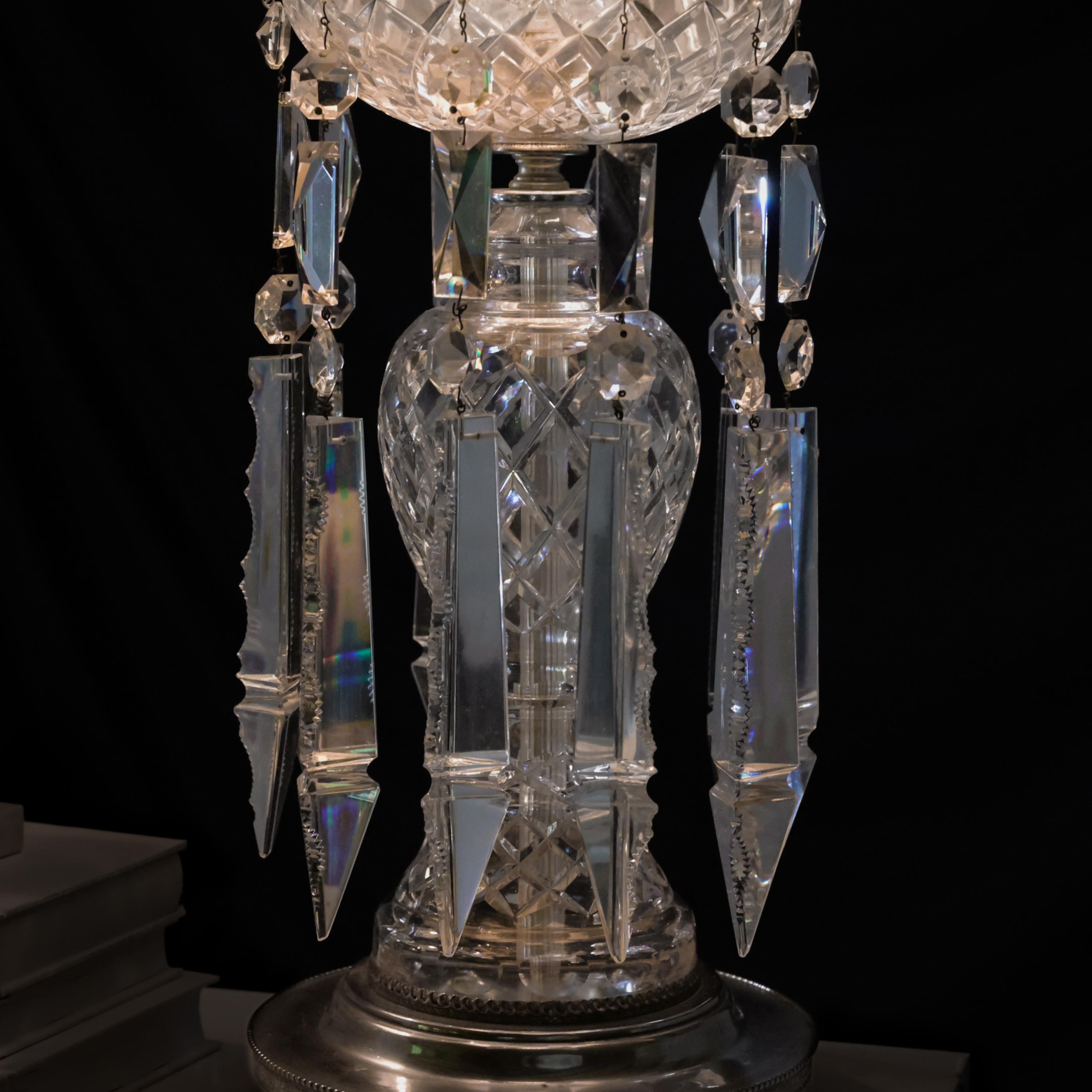 Pair, Art Deco Lead Crystal Drop Table Lamps, Original Shades, Astor Quality 8