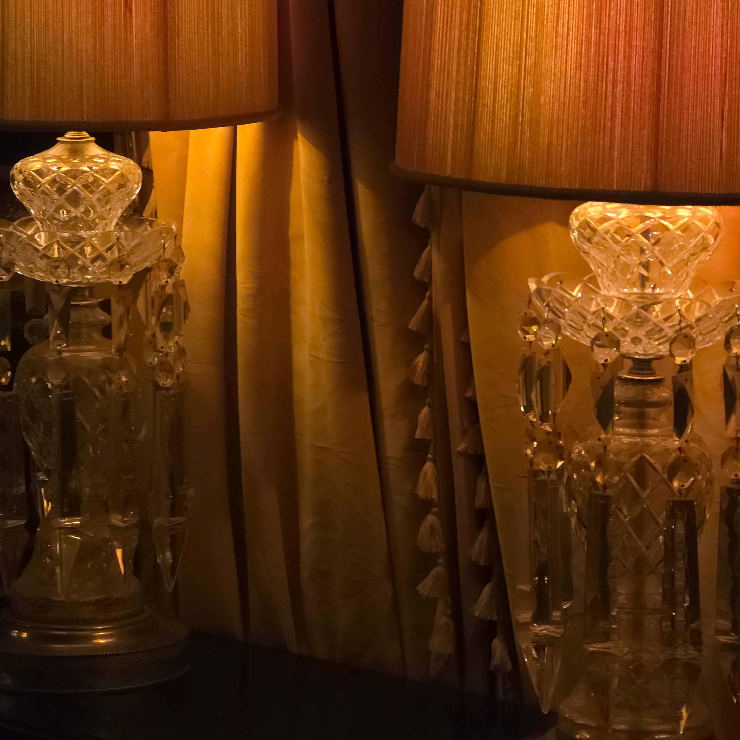 Pair, Art Deco Lead Crystal Drop Table Lamps, Original Shades, Astor Quality 13