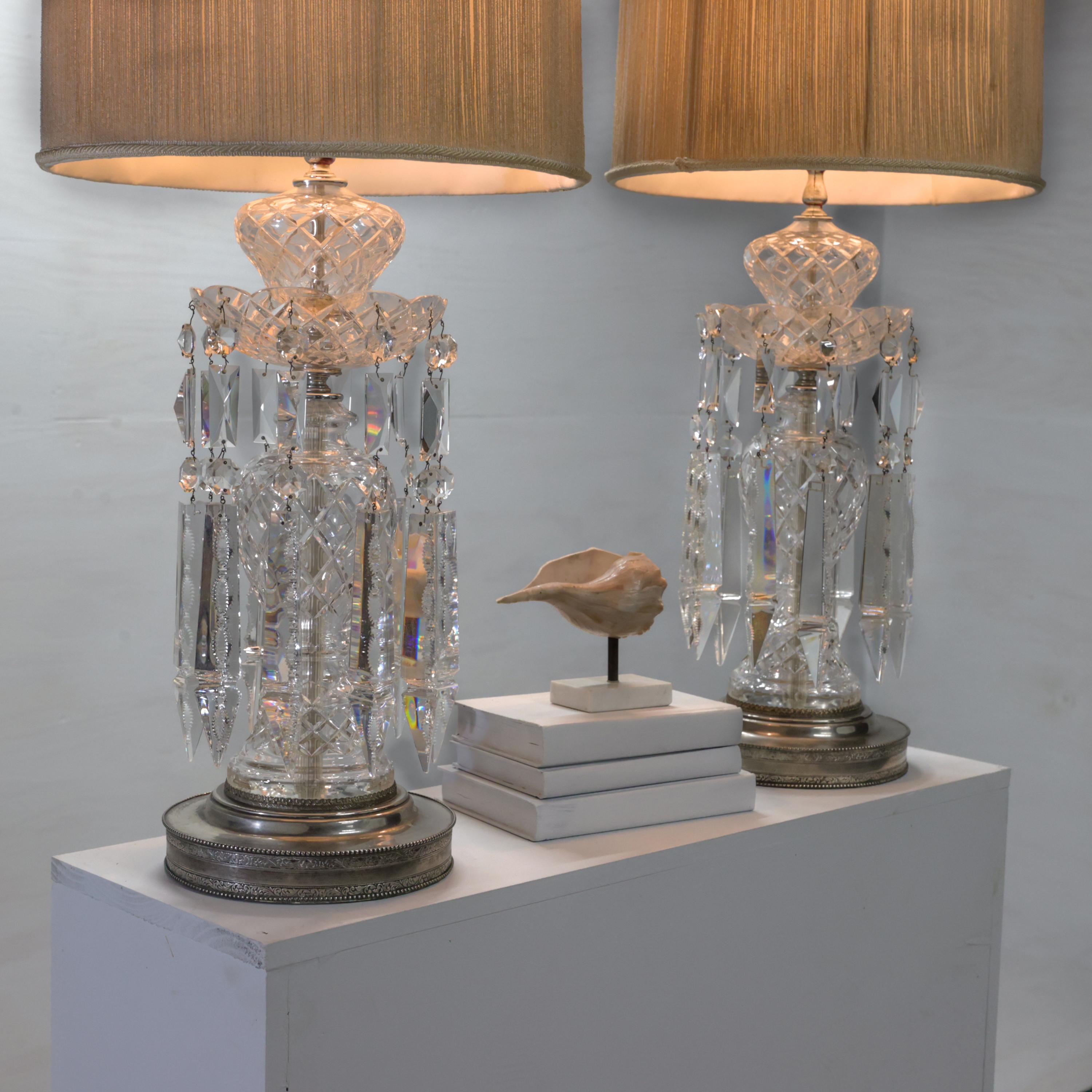 Unknown Pair, Art Deco Lead Crystal Drop Table Lamps, Original Shades, Astor Quality
