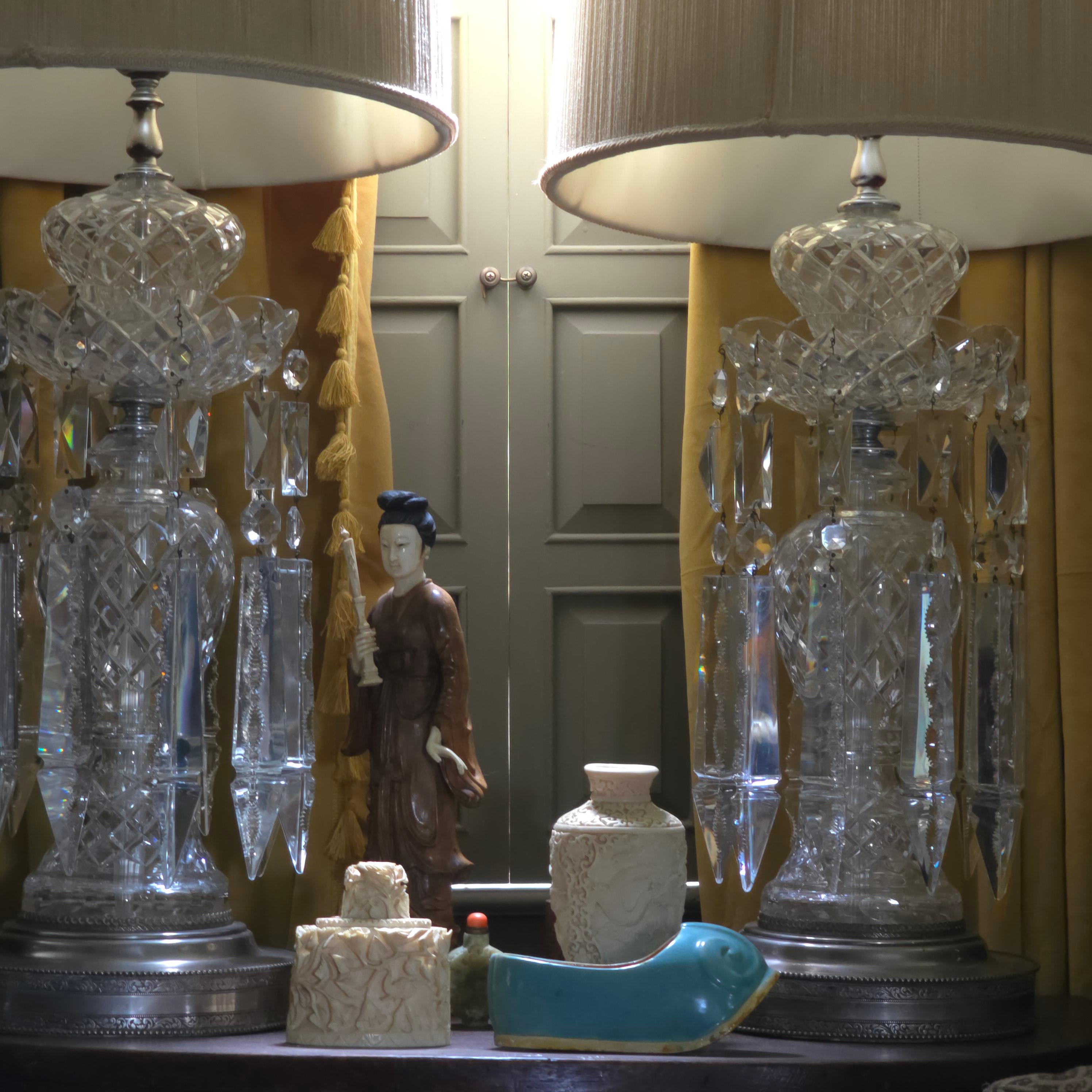 20th Century Pair, Art Deco Lead Crystal Drop Table Lamps, Original Shades, Astor Quality
