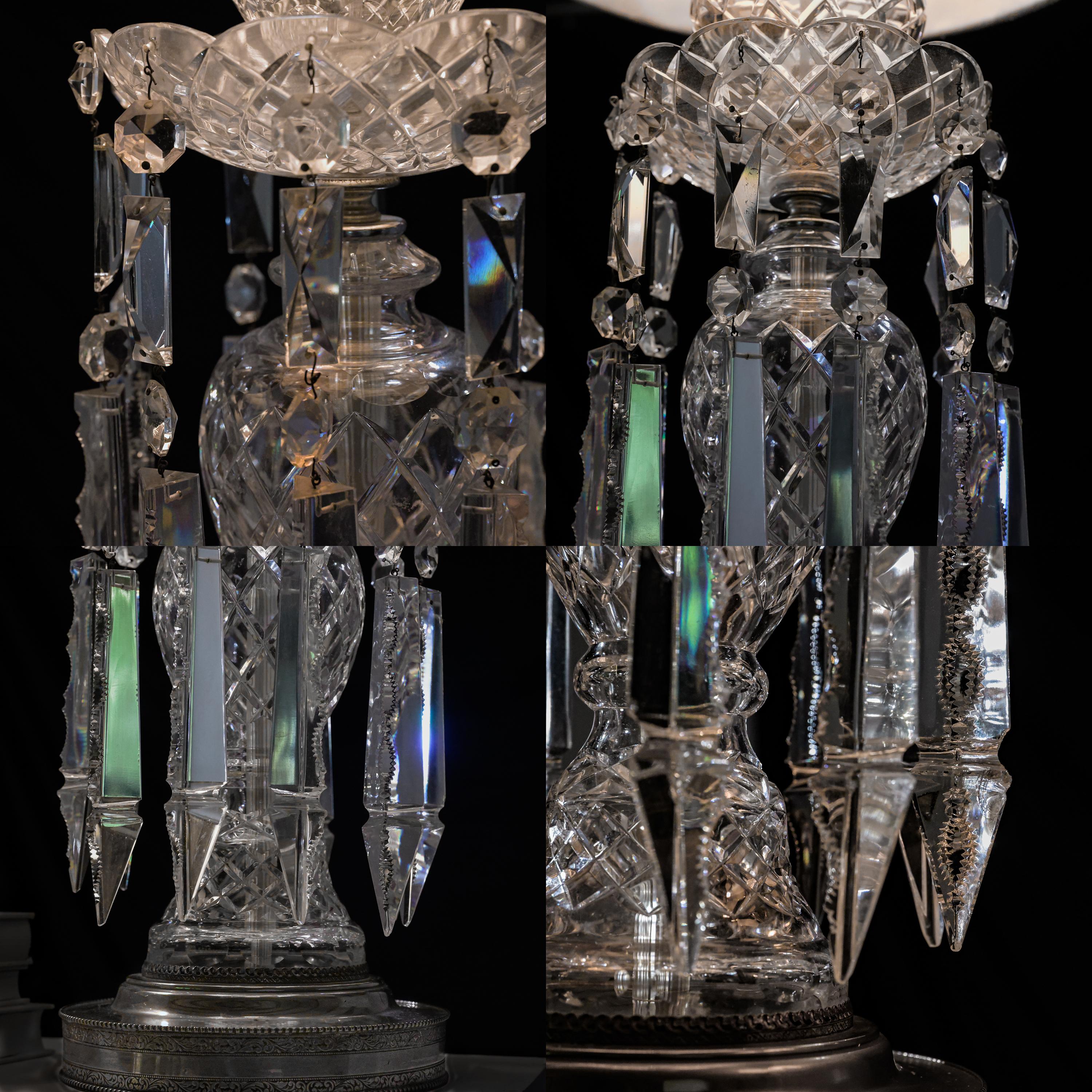 Silver Pair, Art Deco Lead Crystal Drop Table Lamps, Original Shades, Astor Quality