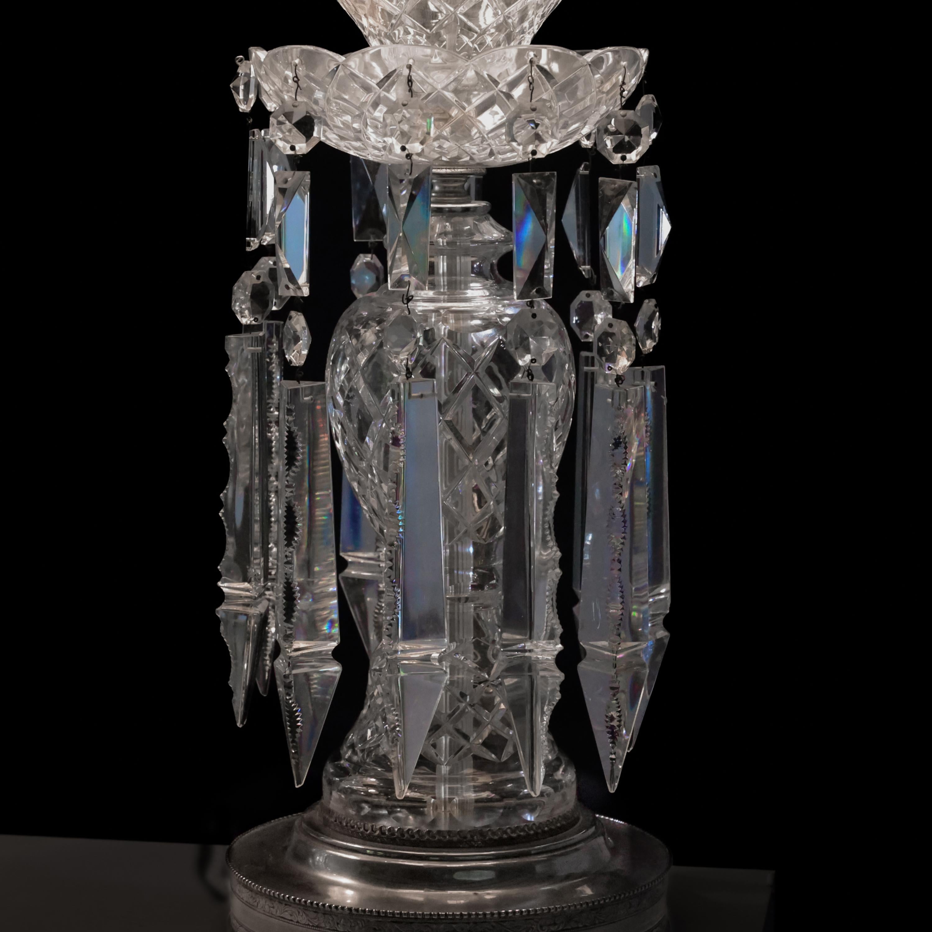 Pair, Art Deco Lead Crystal Drop Table Lamps, Original Shades, Astor Quality 1