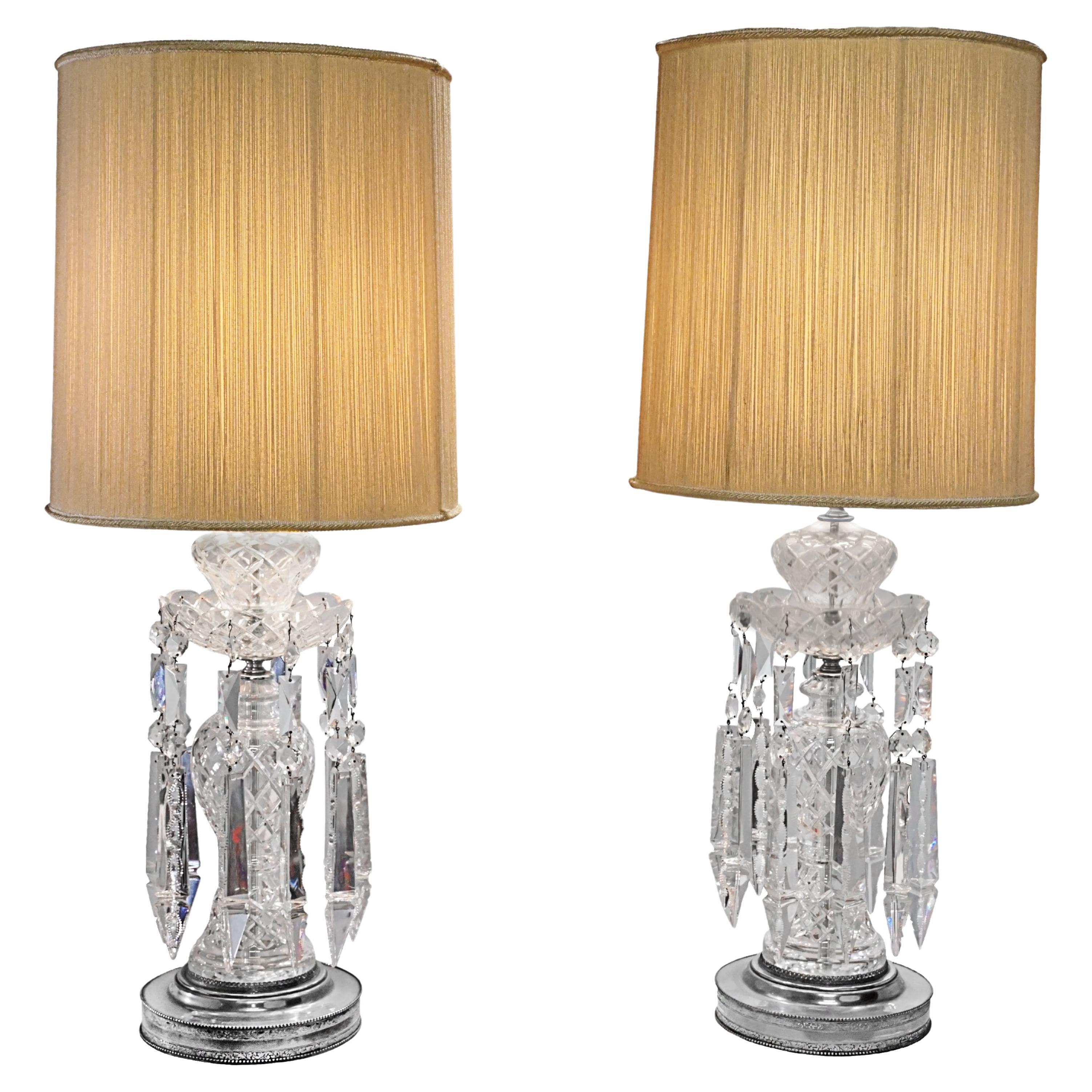Pair, Art Deco Lead Crystal Drop Table Lamps, Original Shades, Astor Quality