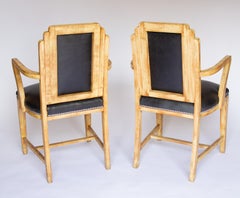 Pair Art Deco Lime washed  & Leather  Elbow chairs