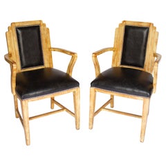 Pair Art Deco Lime washed  & Leather  Elbow chairs