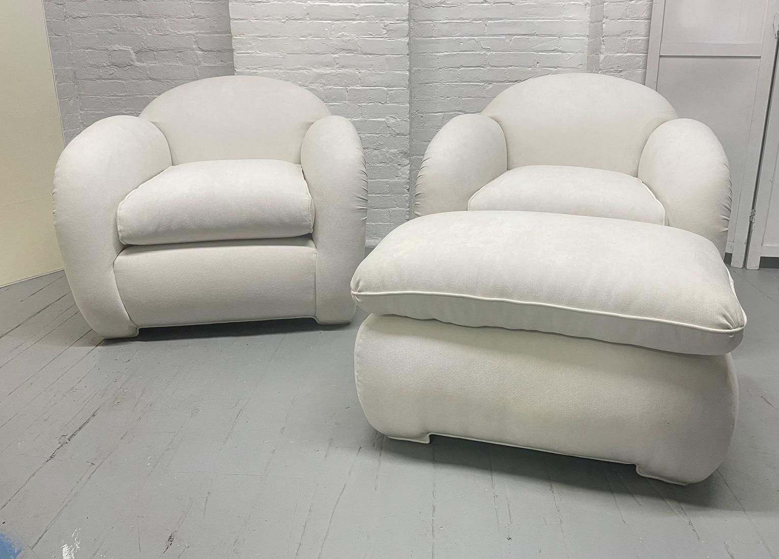Upholstery Pair Art Deco Lounge Chairs with Matching Ottoman For Sale