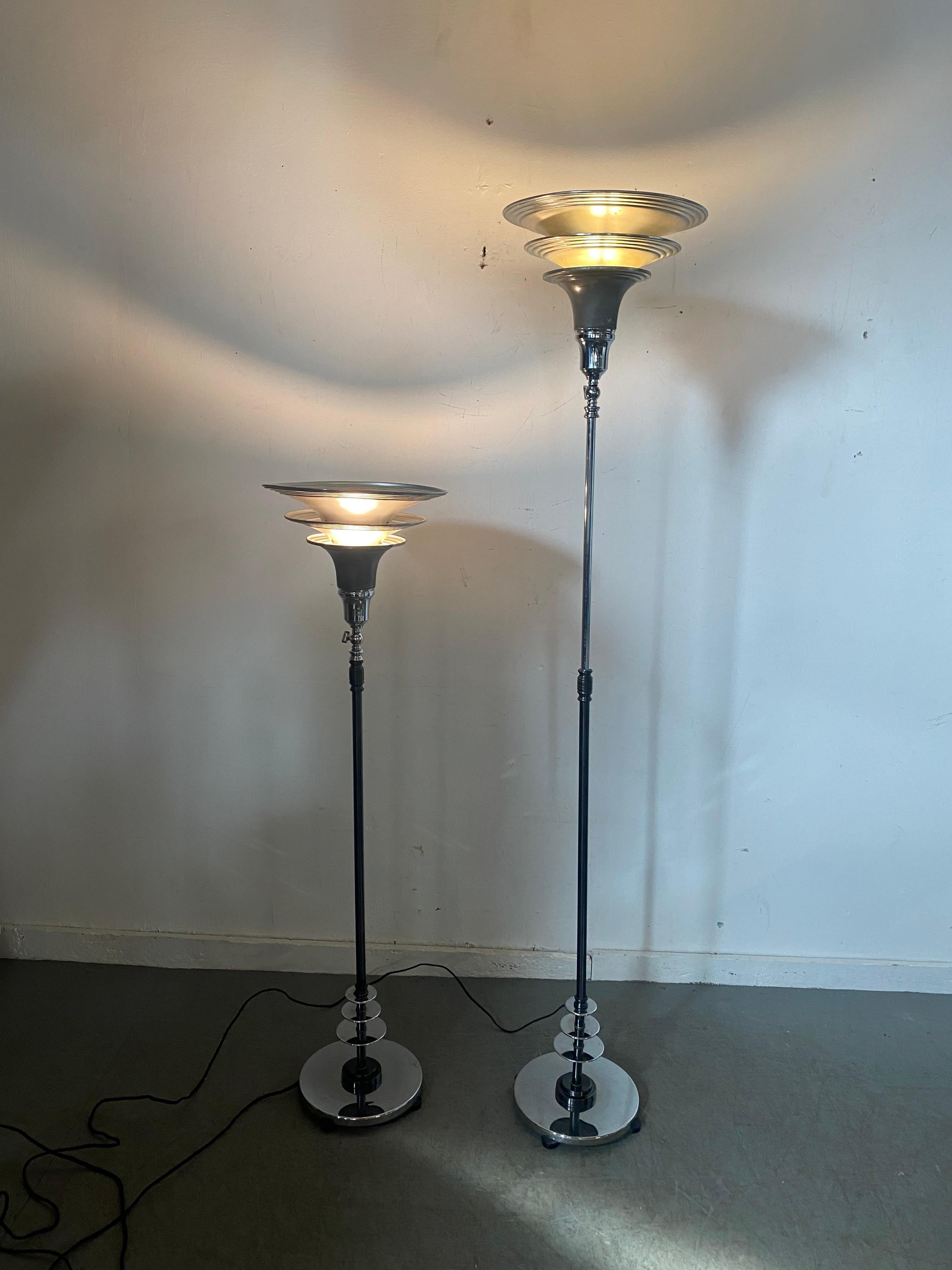 Pair Art Deco / Machine Age Chrome and Aluminum Triple-Tier Torchere's In Good Condition In Buffalo, NY