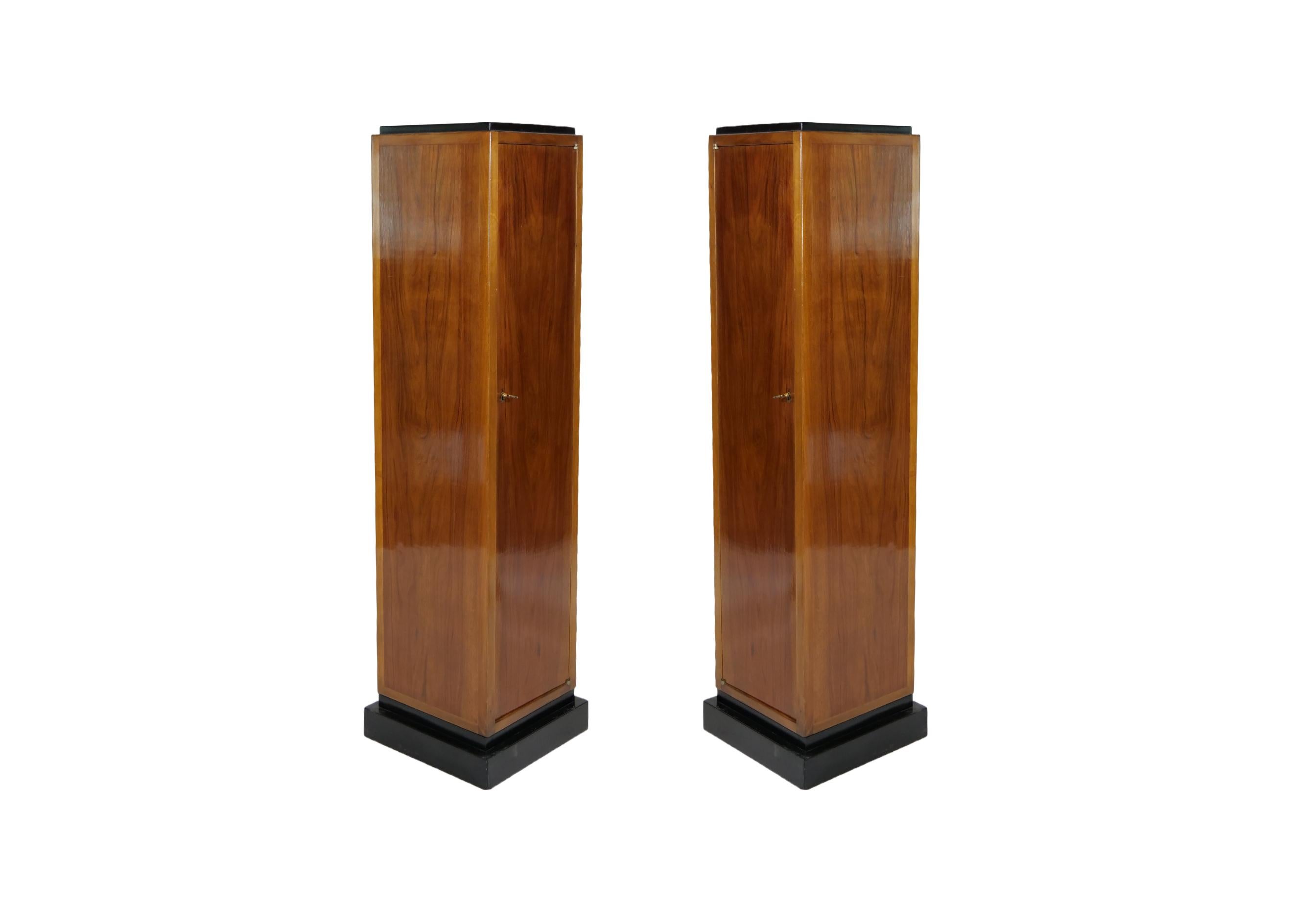 Hand-Carved Pair Art Deco Mahogany Cabinet Pedestals 