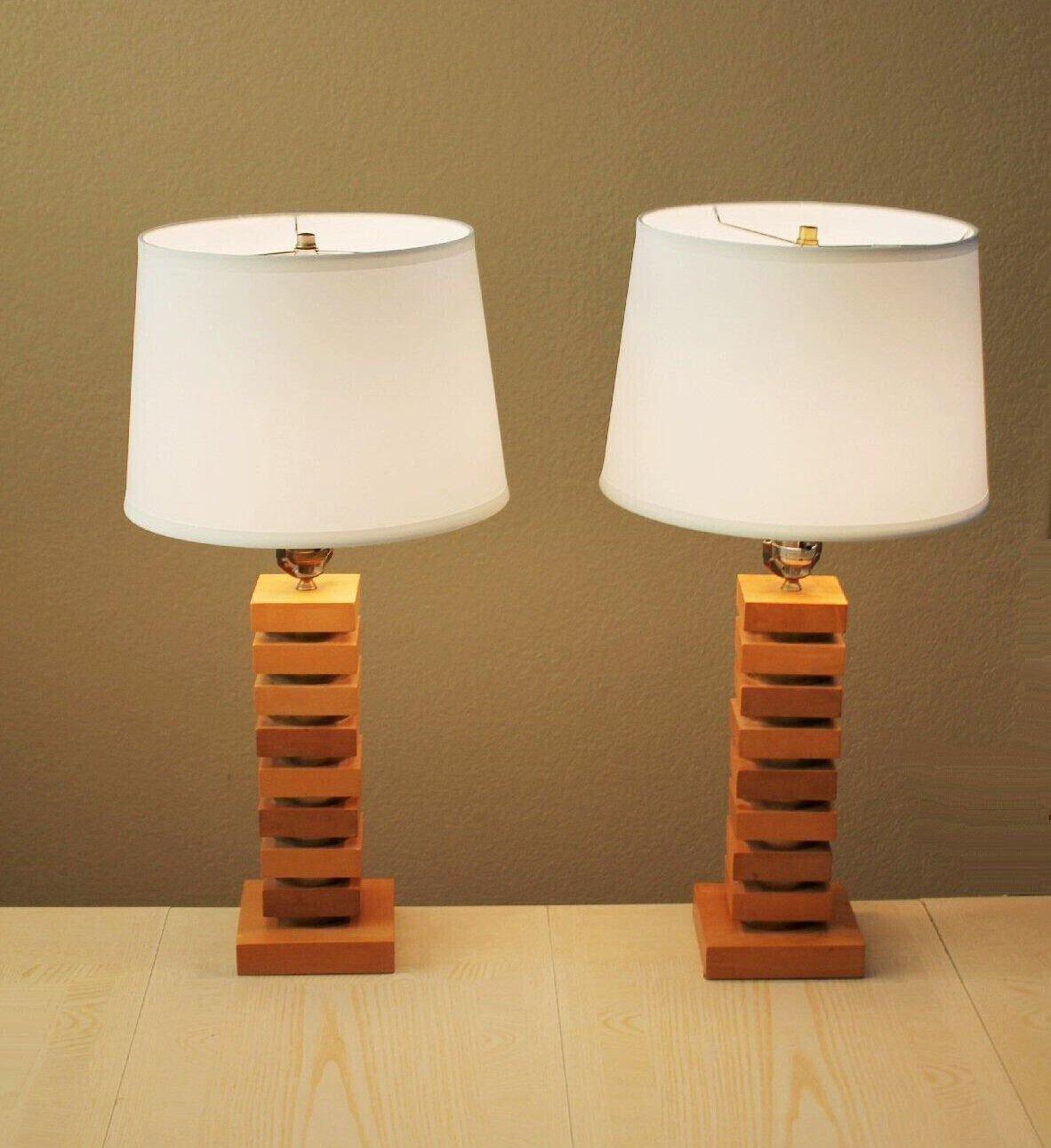 Art Deco PAIR! ART DECO Maple & Brass STACKED 1940s Table Lamps Russel Wright Skyscraper For Sale