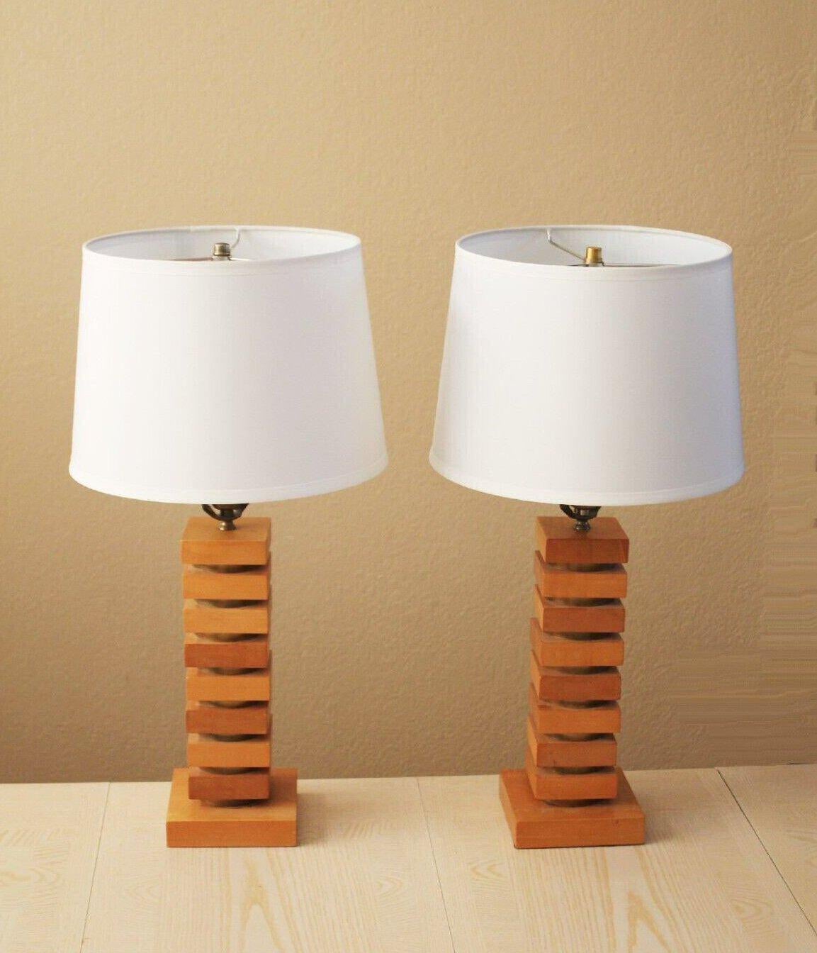 Hand-Crafted PAIR! ART DECO Maple & Brass STACKED 1940s Table Lamps Russel Wright Skyscraper For Sale